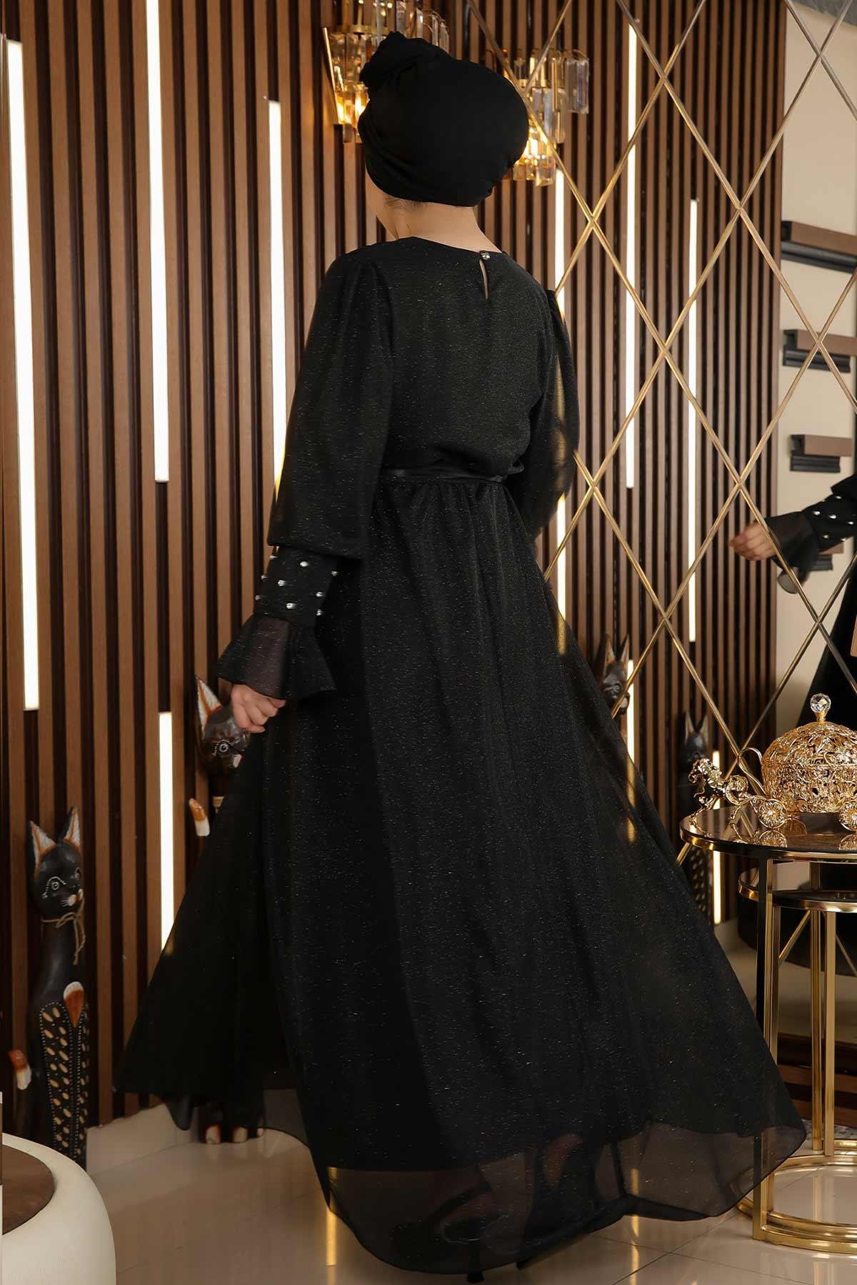 Taş Detaylı Simli Şifon Abiye Siyah 19113