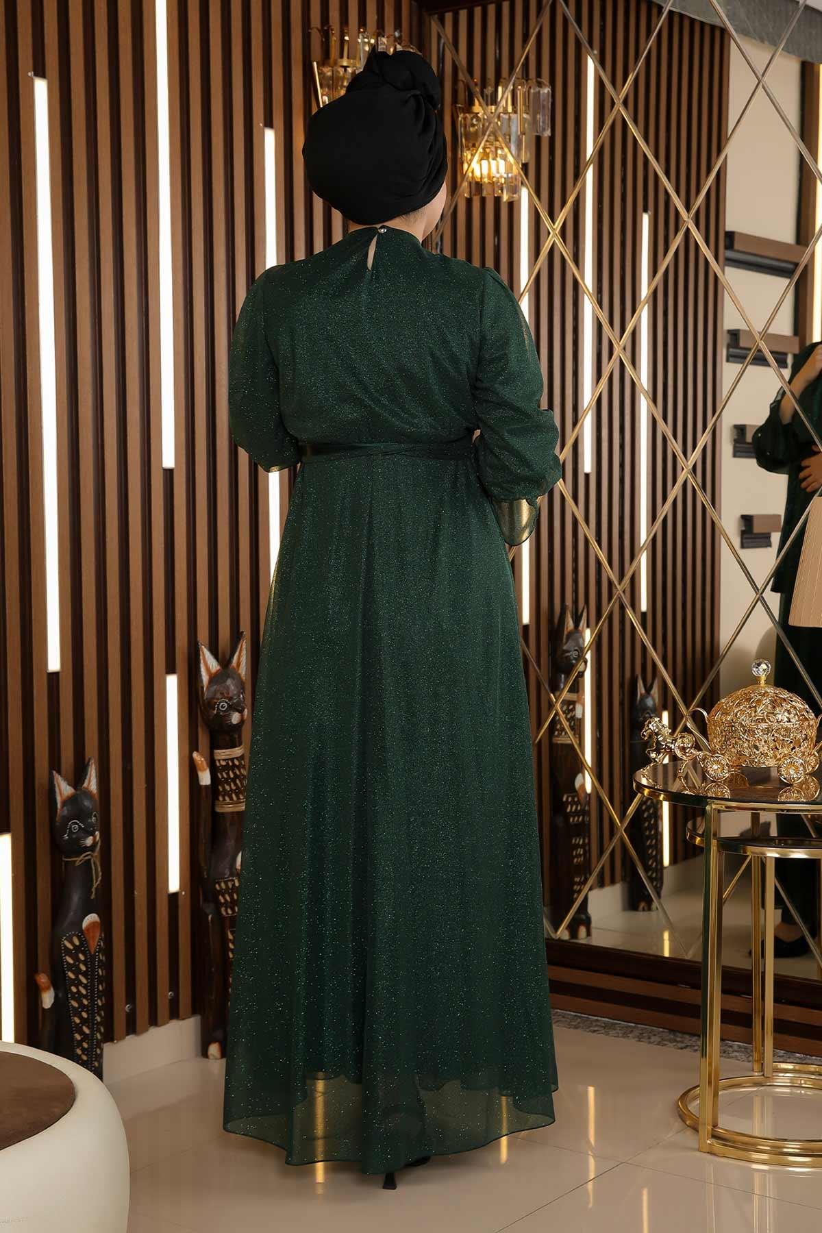 Taş Detaylı Simli Şifon Abiye Zümrüt 19113