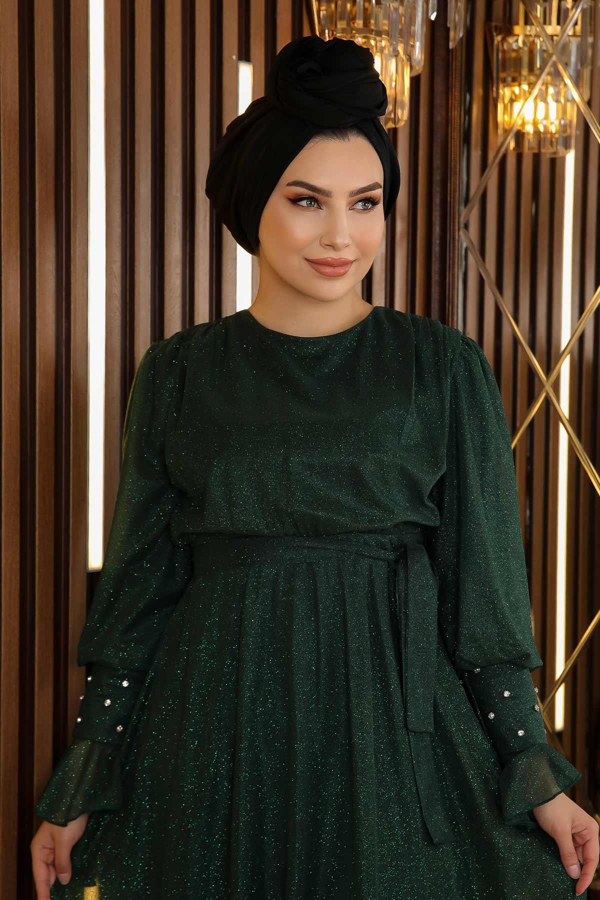 Taş Detaylı Simli Şifon Abiye Zümrüt 19113