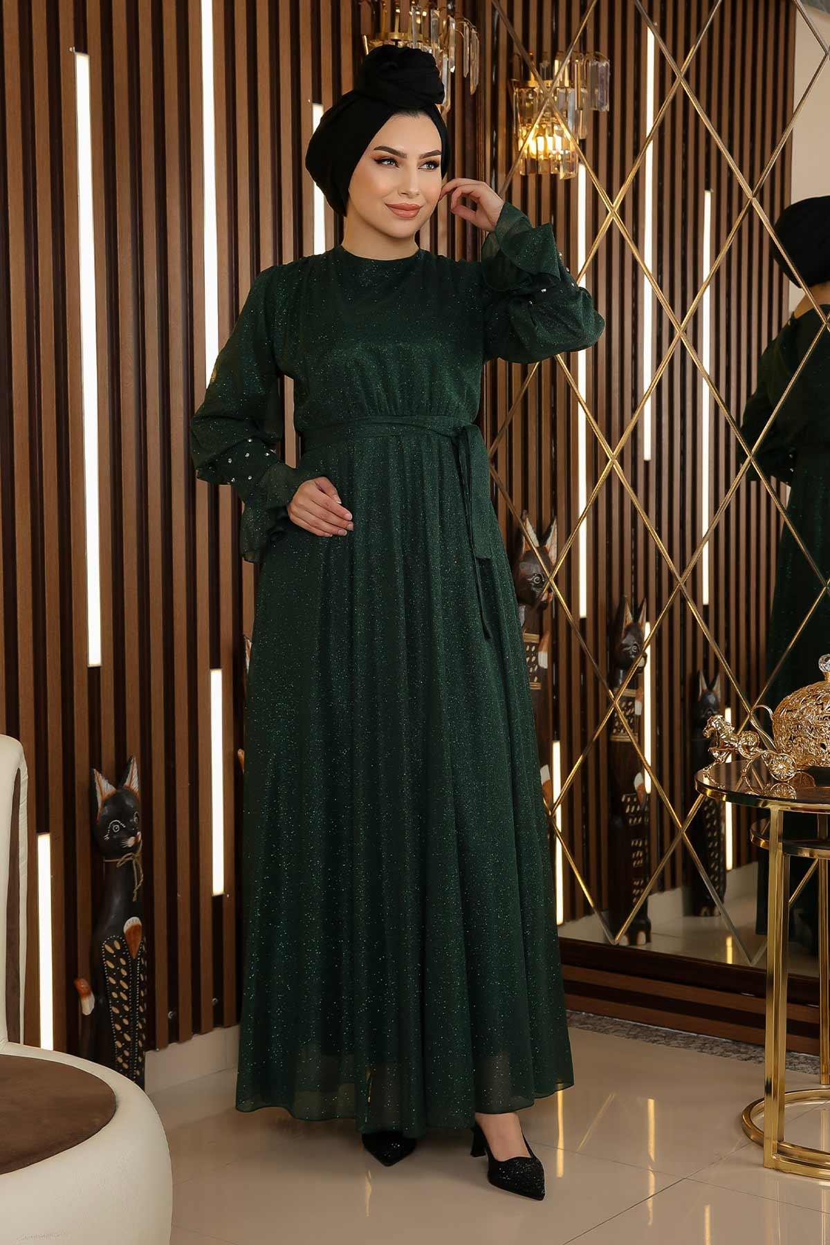 Taş Detaylı Simli Şifon Abiye Zümrüt 19113