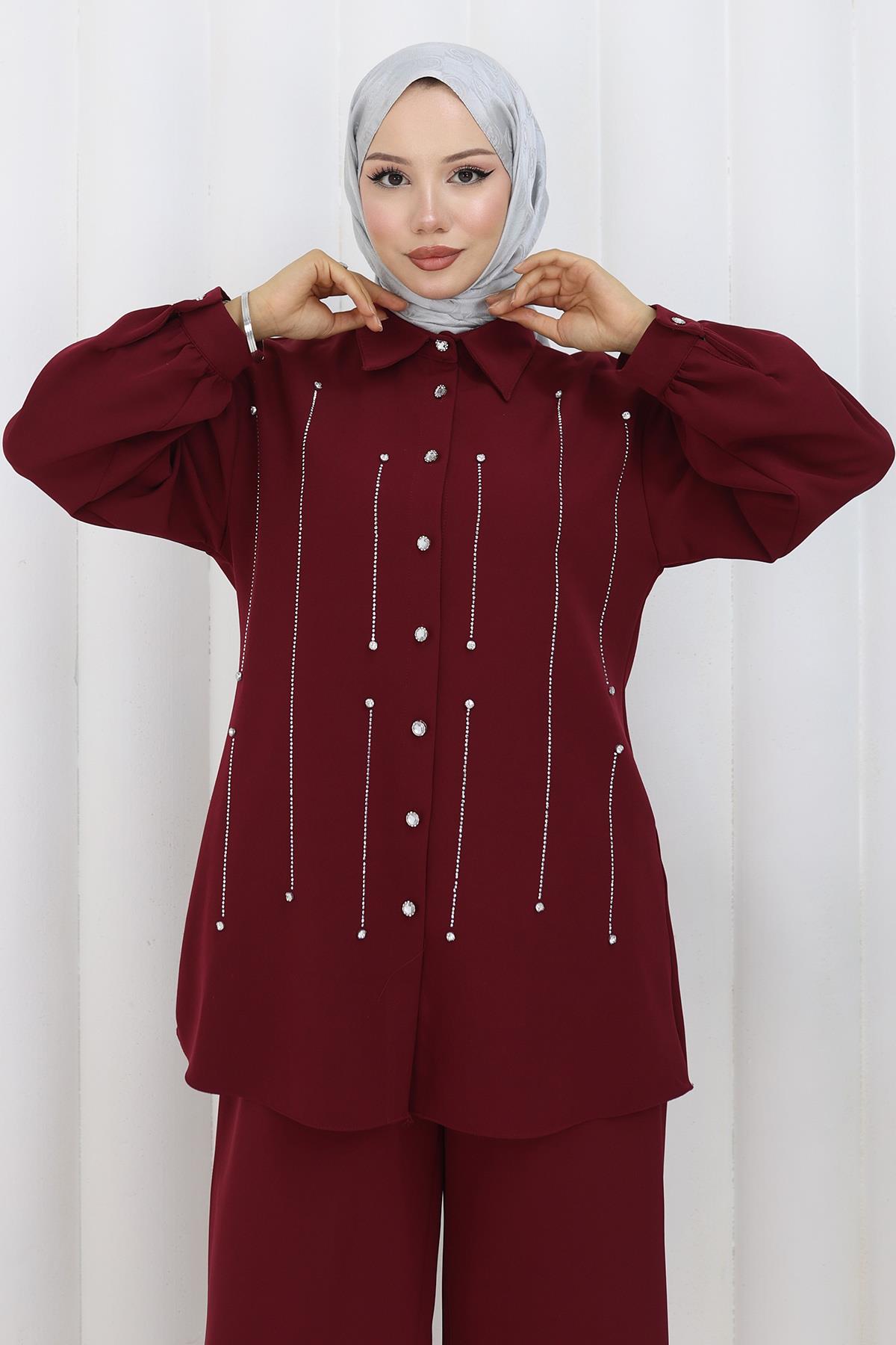 Taş Detaylı Takım Bordo Bordo 19266