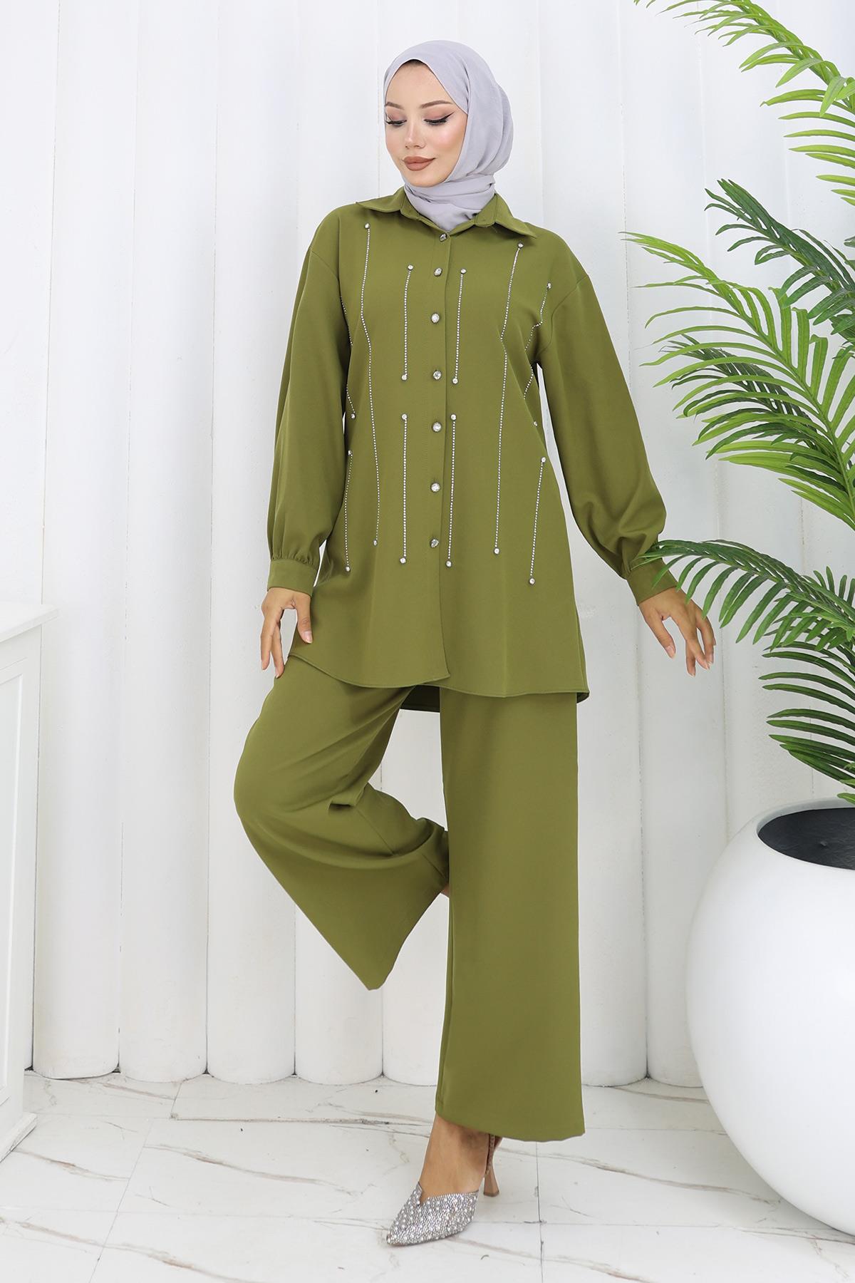 Taş Detaylı Takım Haki Haki 19266