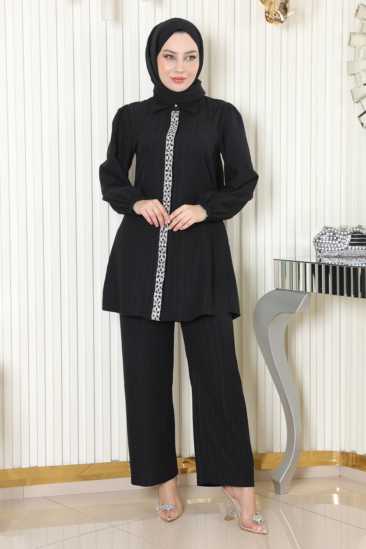 Taş Detaylı Takım Siyah Siyah MSW19195-1