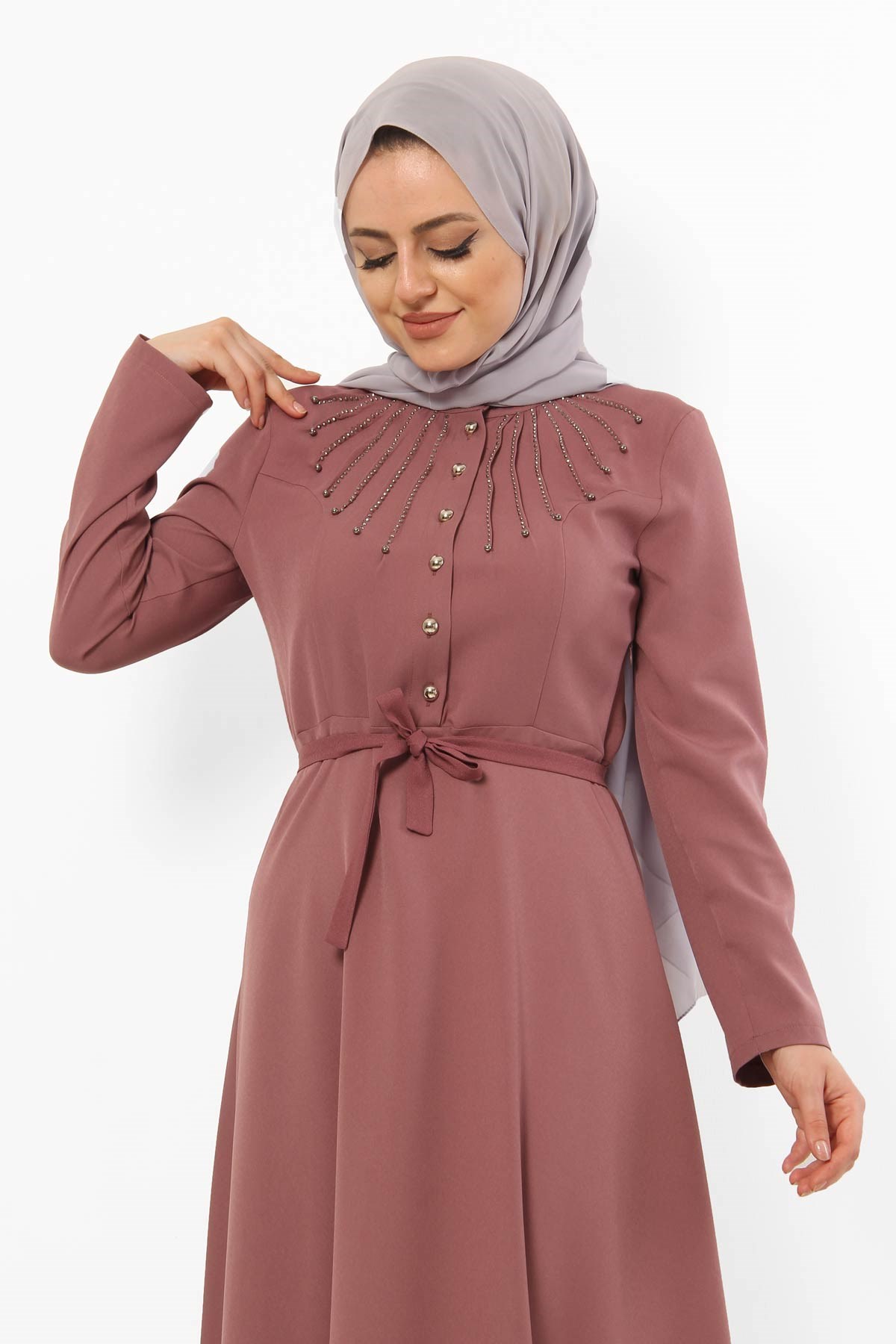 Taş Dizimli Tesettür Elbise Pudra Pudra 9612-1