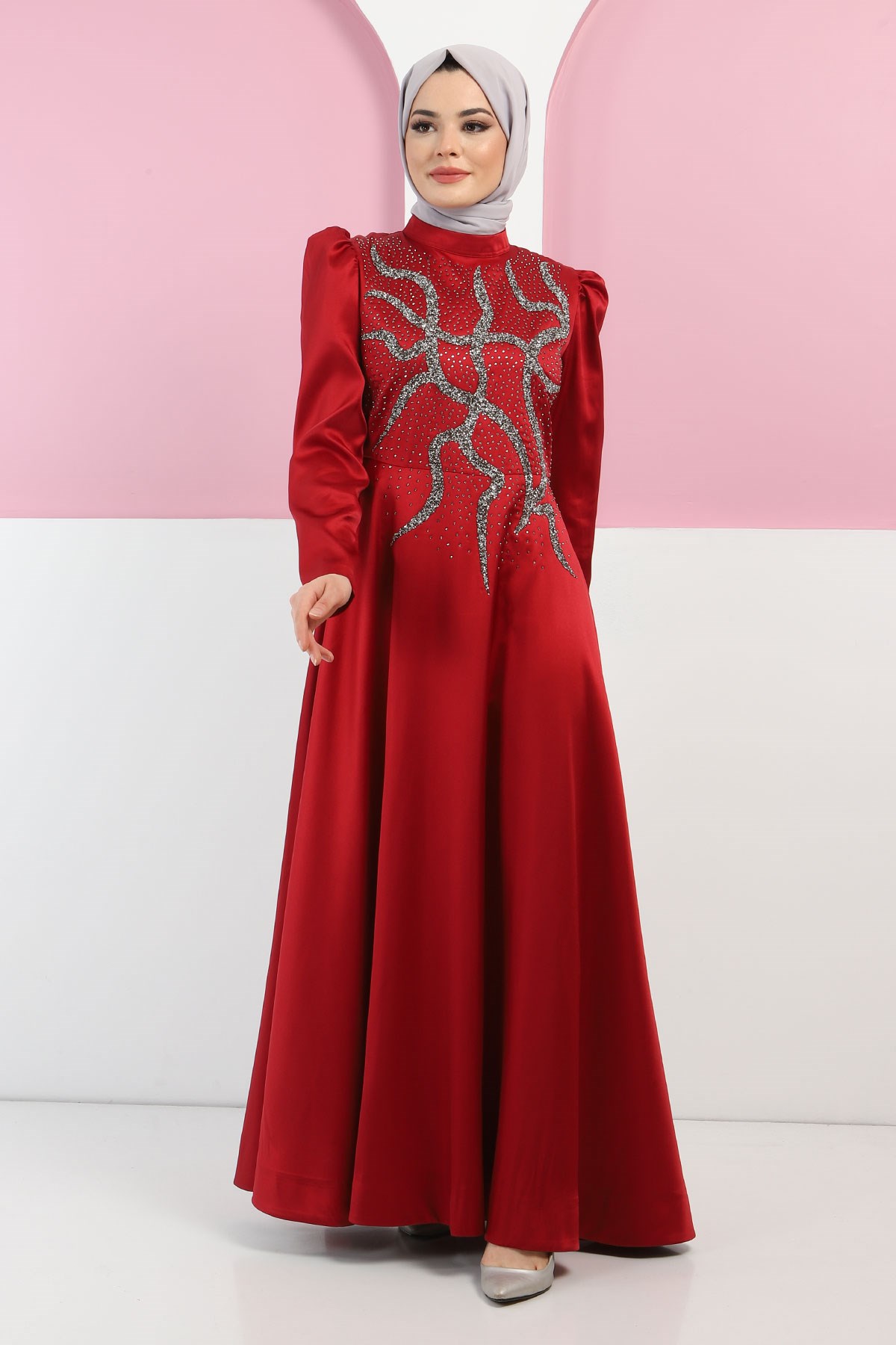 Taşlı Saten Abiye Bordo 11402