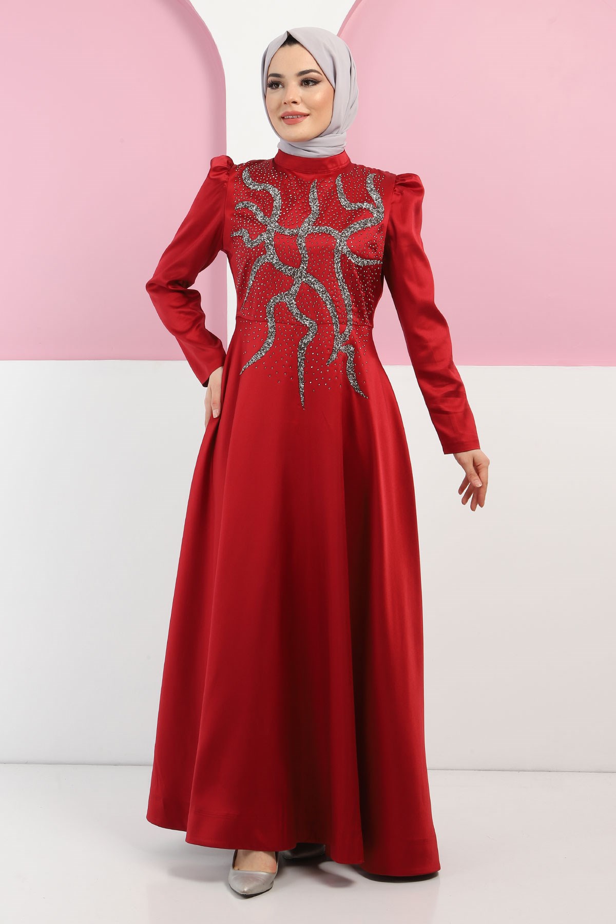 Taşlı Saten Abiye Bordo 11402