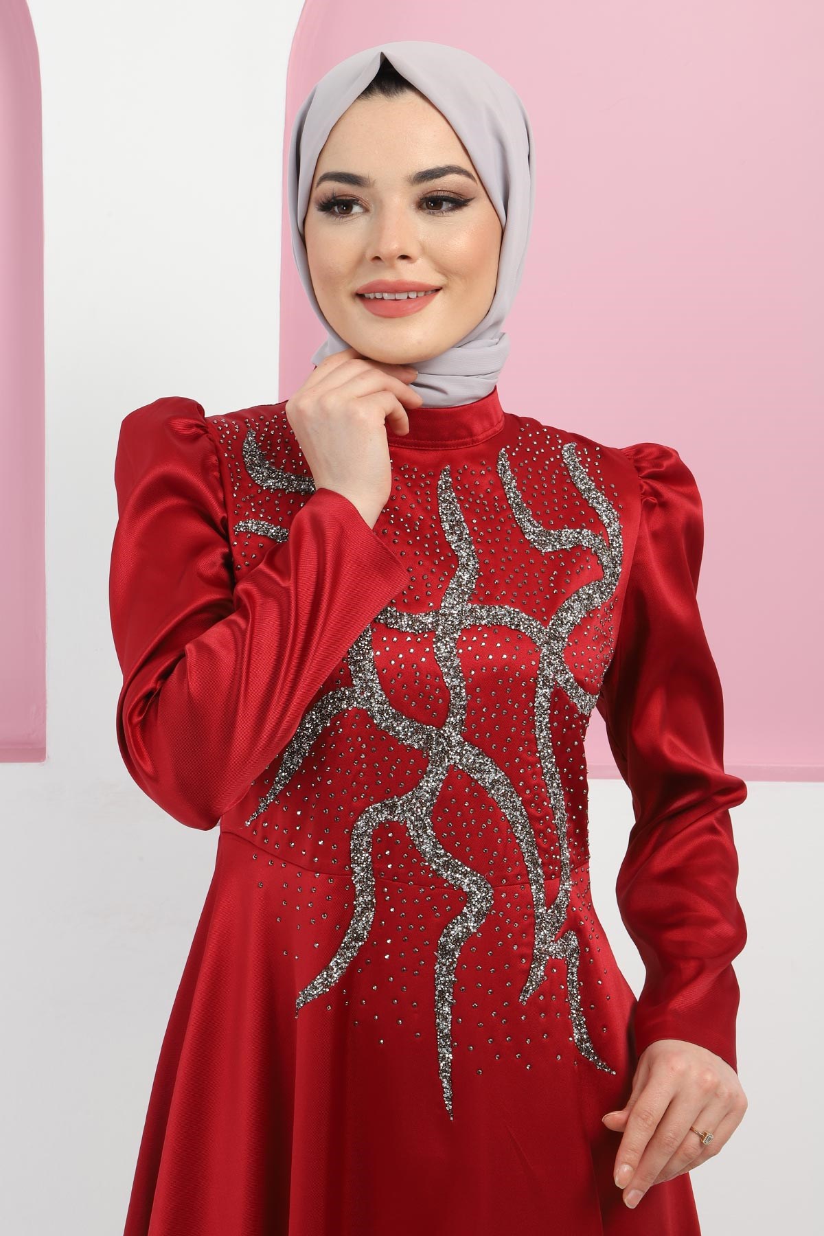Taşlı Saten Abiye Bordo 11402