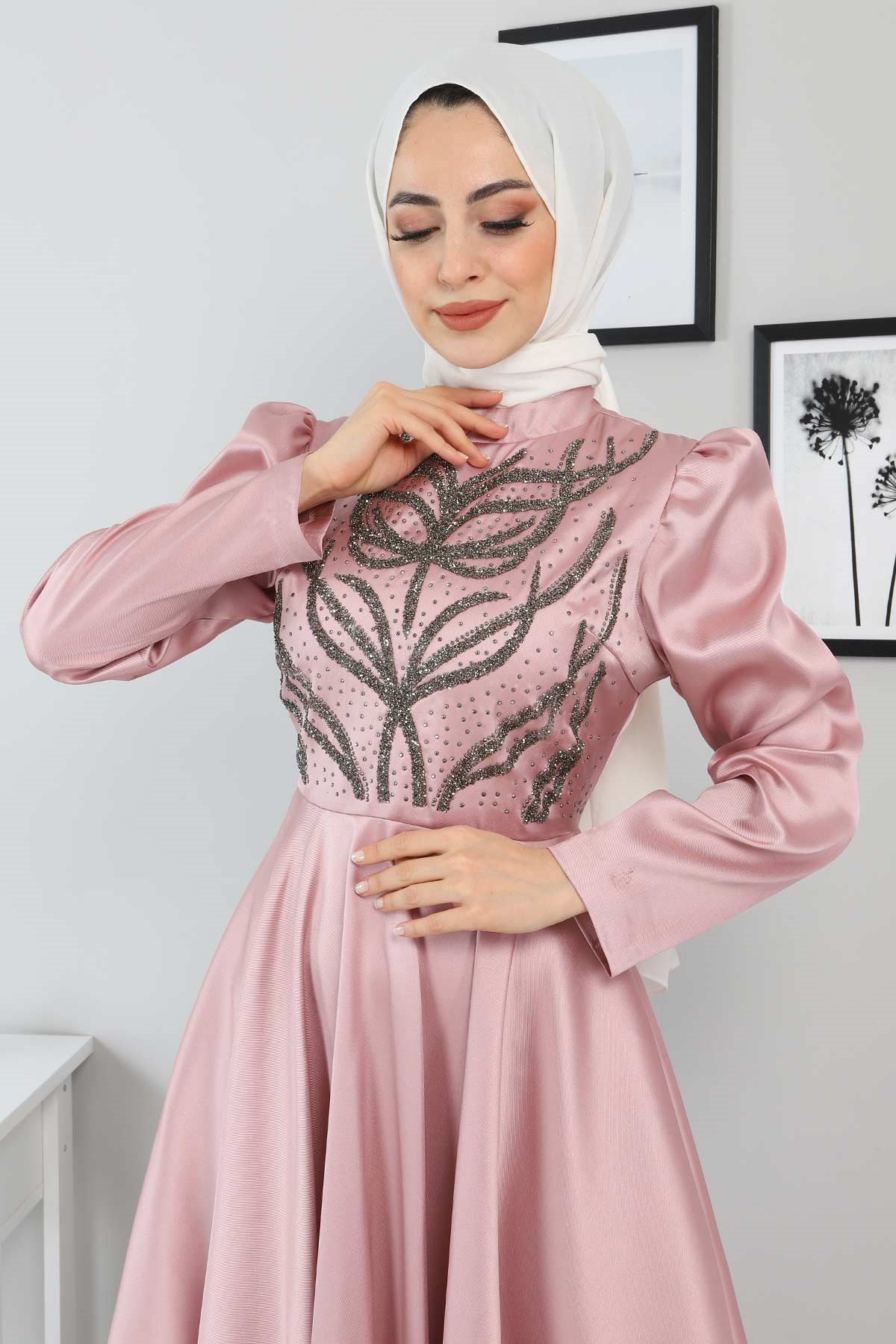 Taşlı Saten Abiye Gül Kurusu 11400