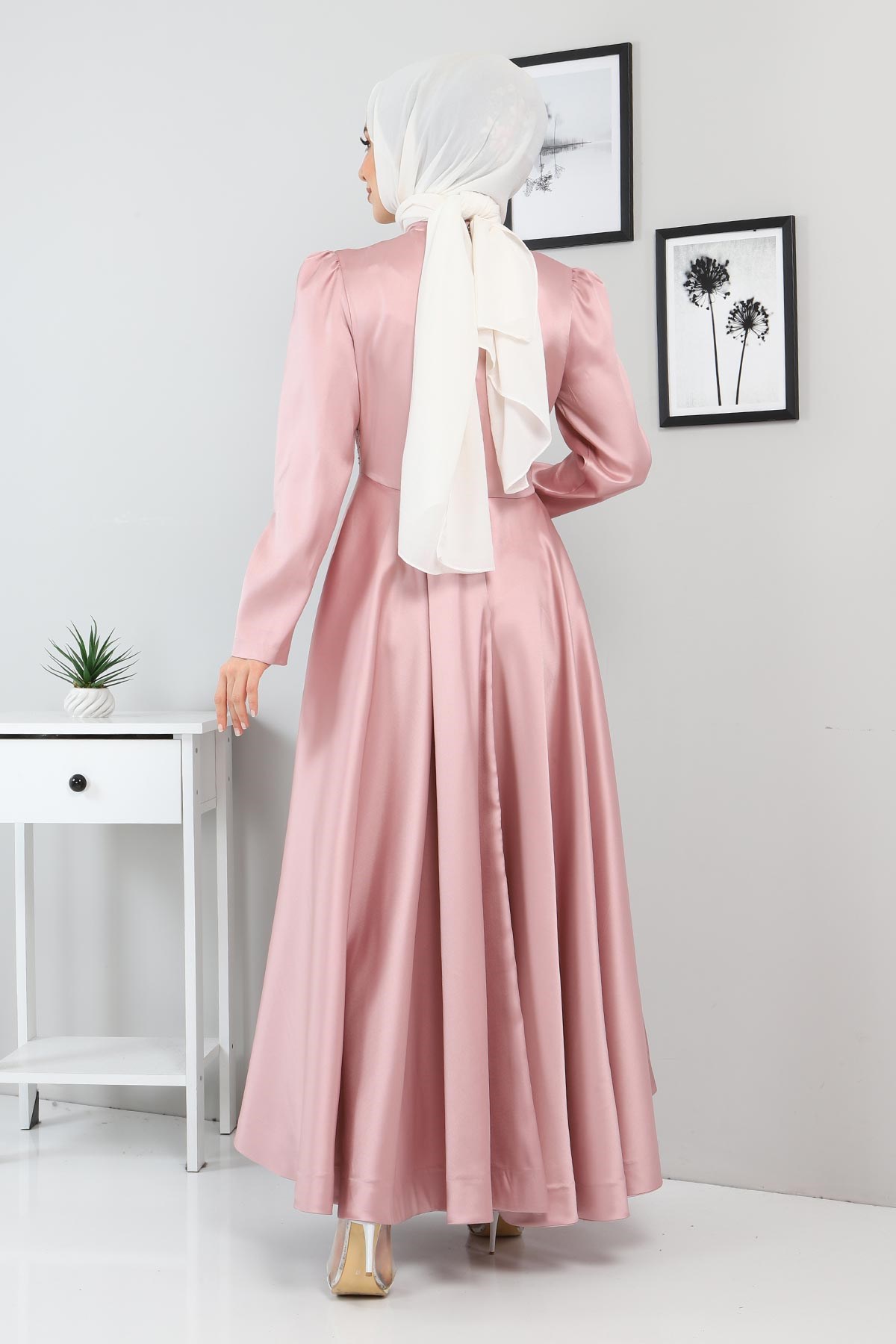 Taşlı Saten Abiye Gül Kurusu 11400