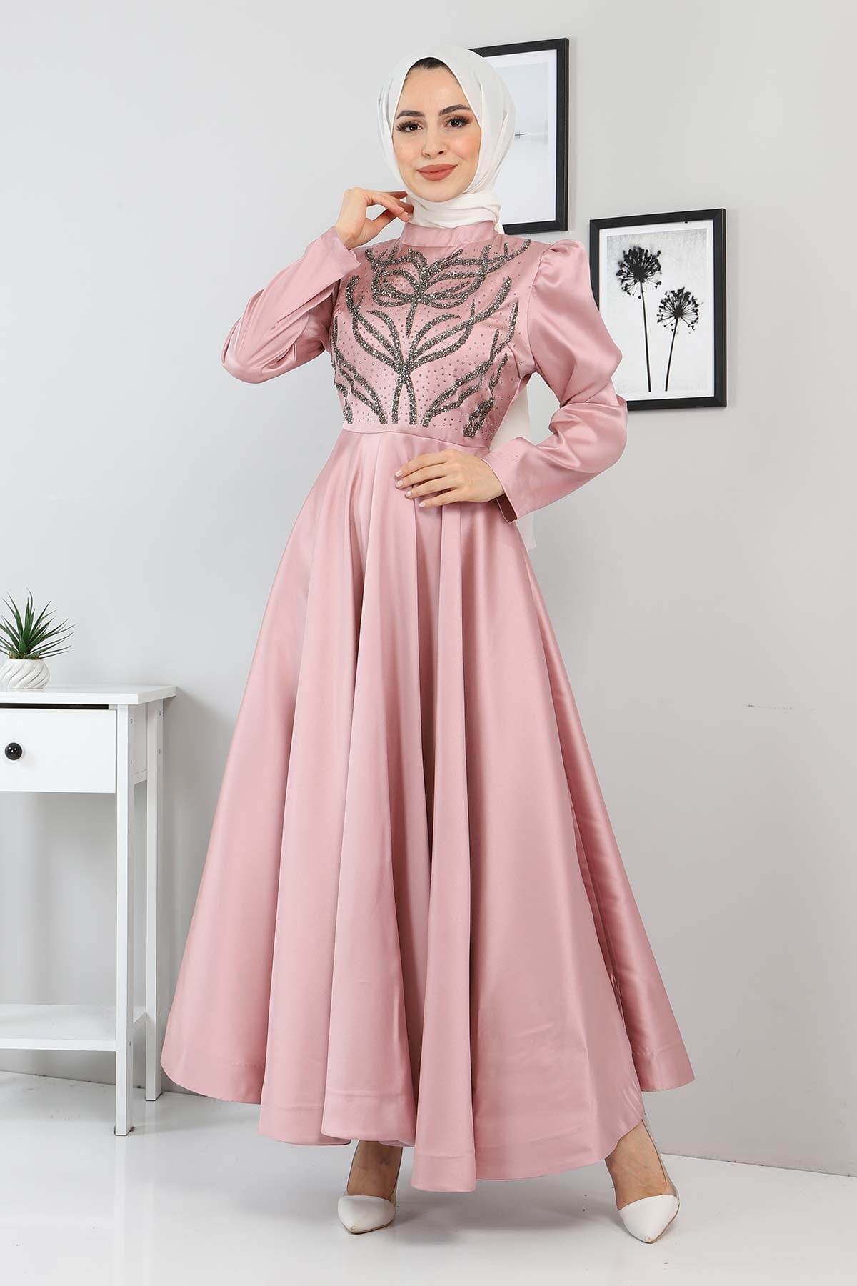 Taşlı Saten Abiye Gül Kurusu 11400