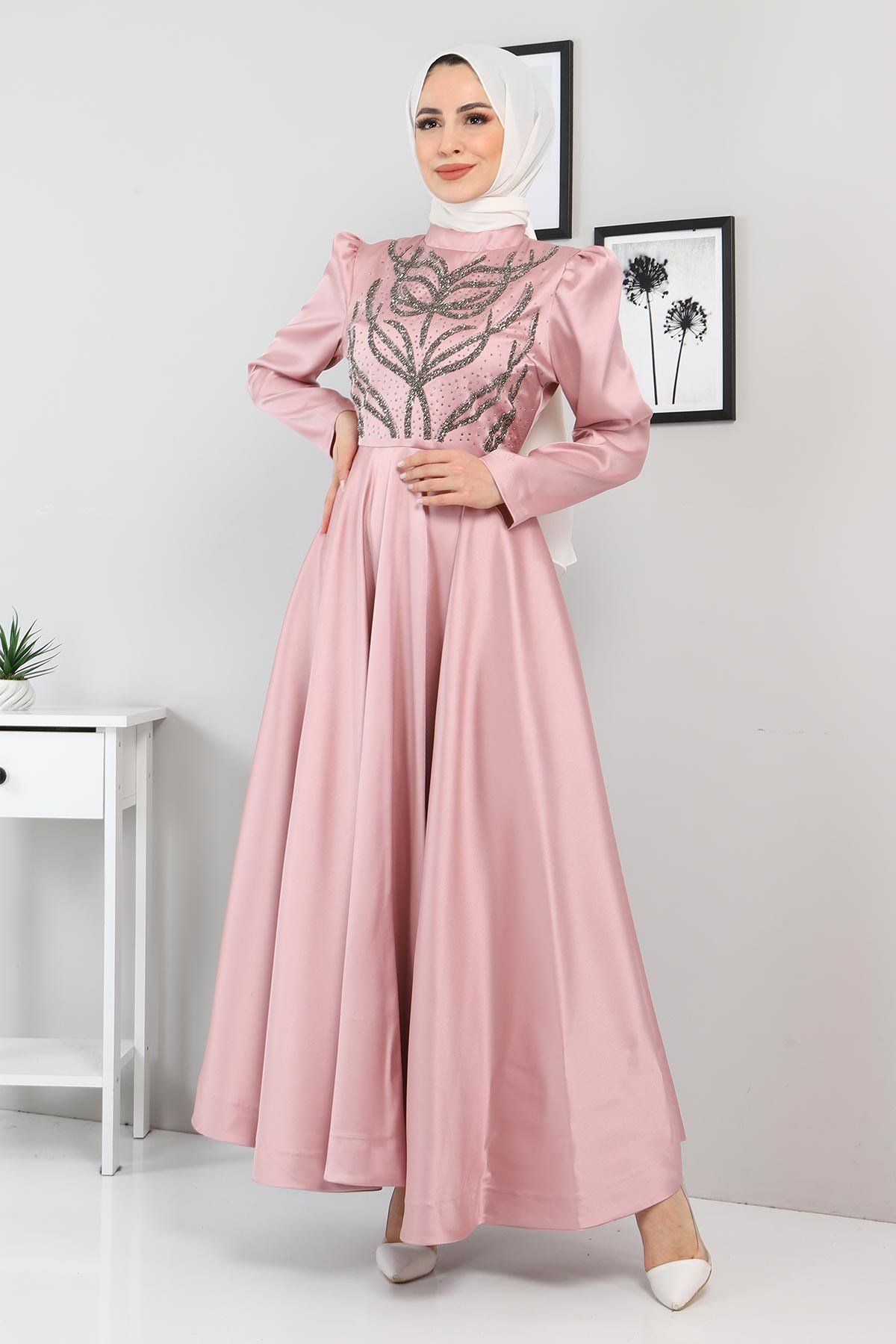 Taşlı Saten Abiye Gül Kurusu 11400