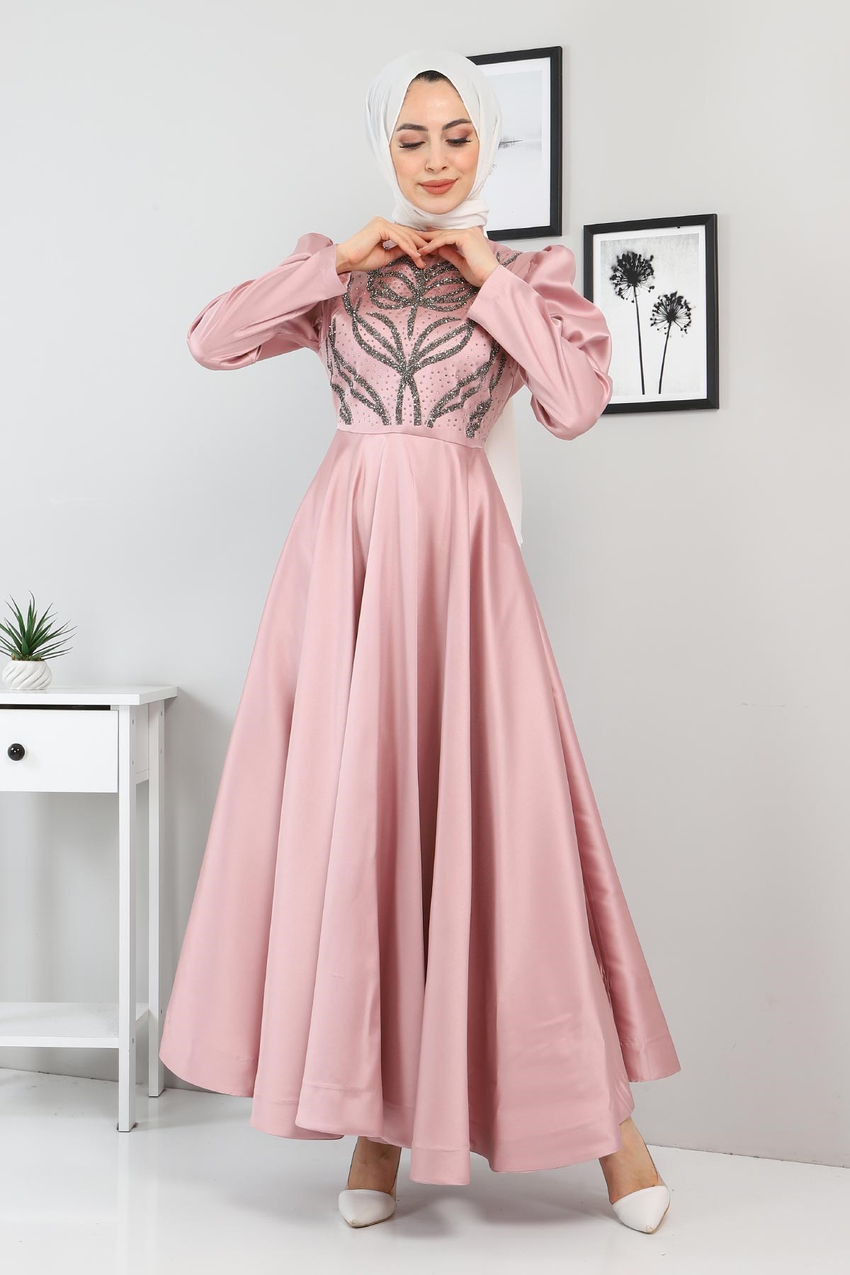 Taşlı Saten Abiye Gül Kurusu 11400