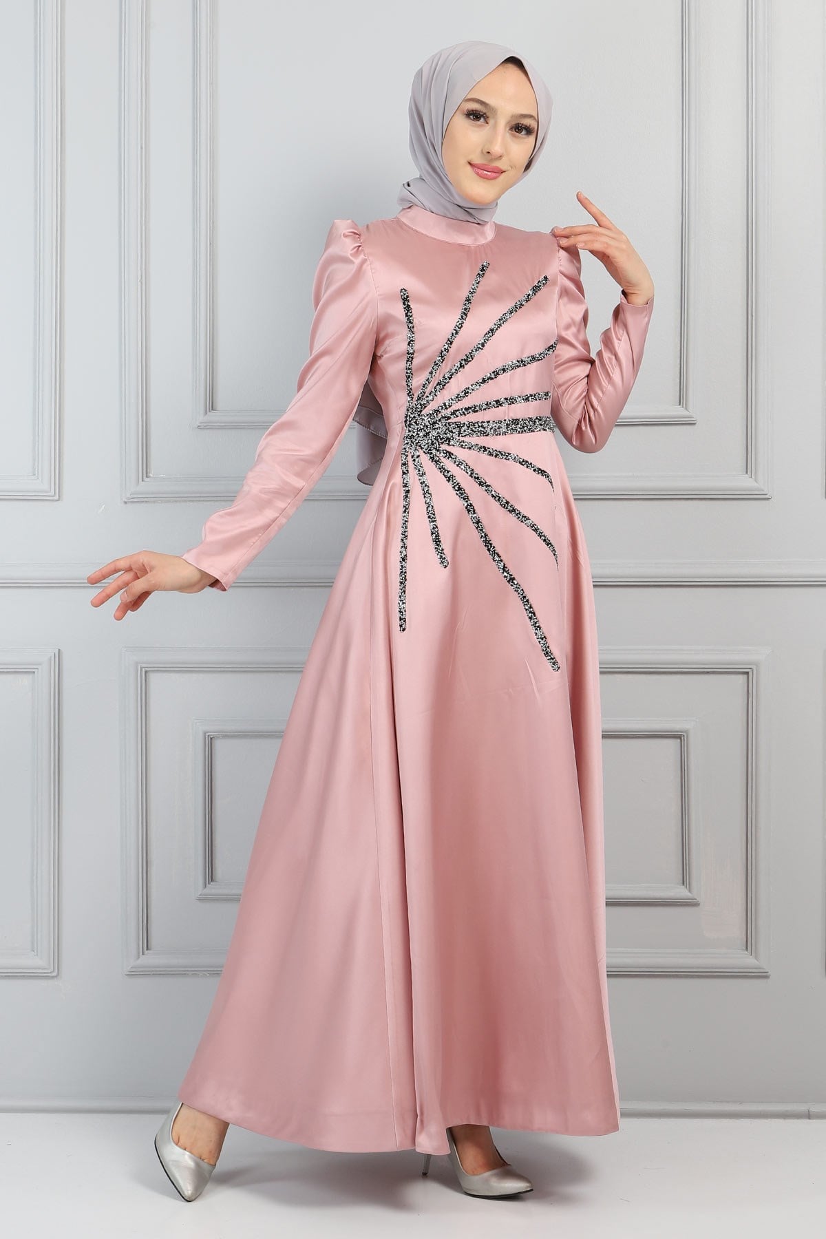 Taşlı Saten Abiye Gül Kurusu 11501