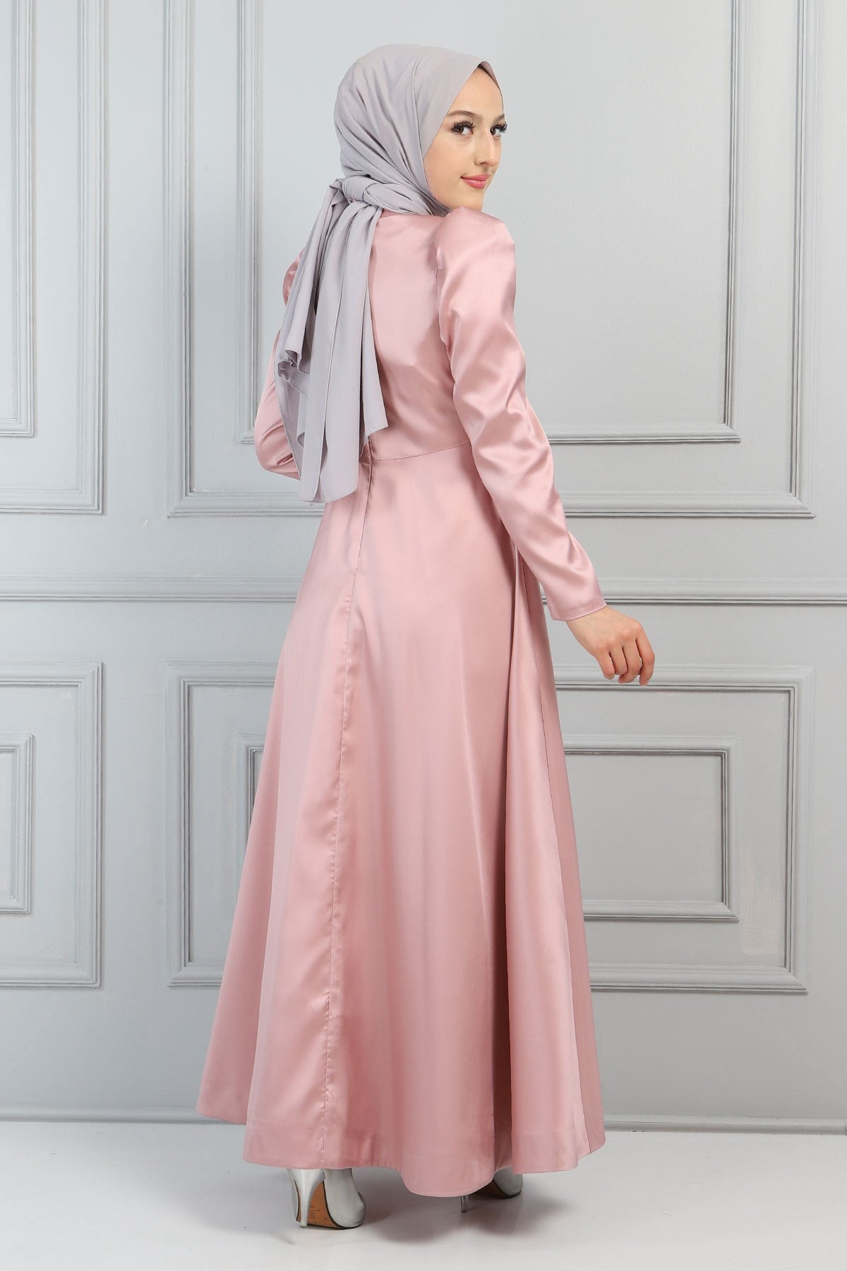 Taşlı Saten Abiye Gül Kurusu 11501