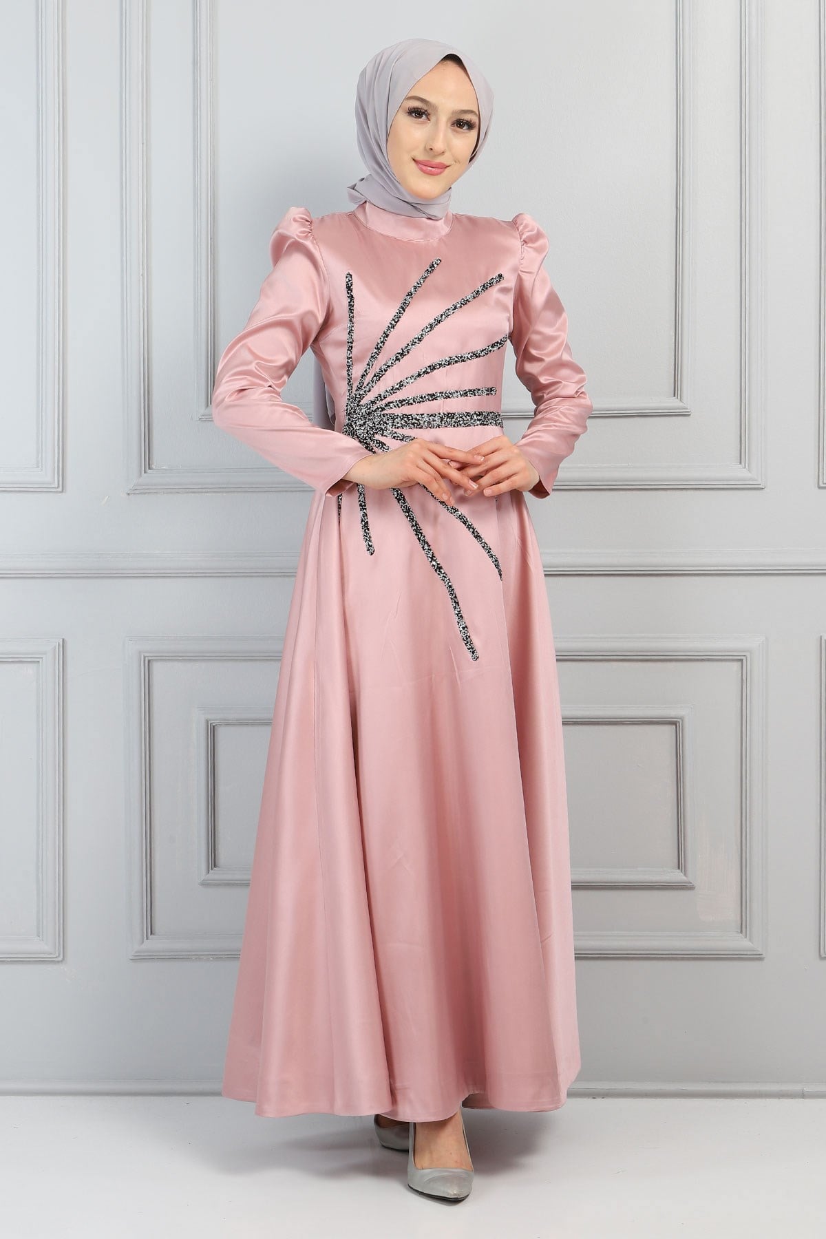 Taşlı Saten Abiye Gül Kurusu 11501