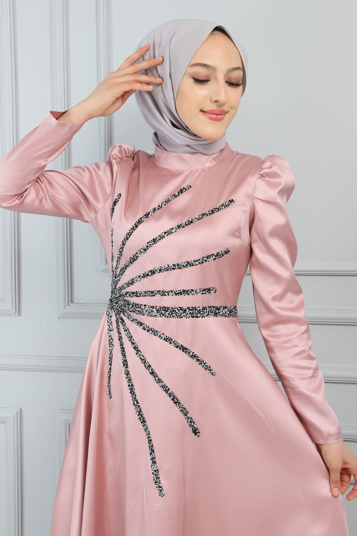Taşlı Saten Abiye Gül Kurusu 11501