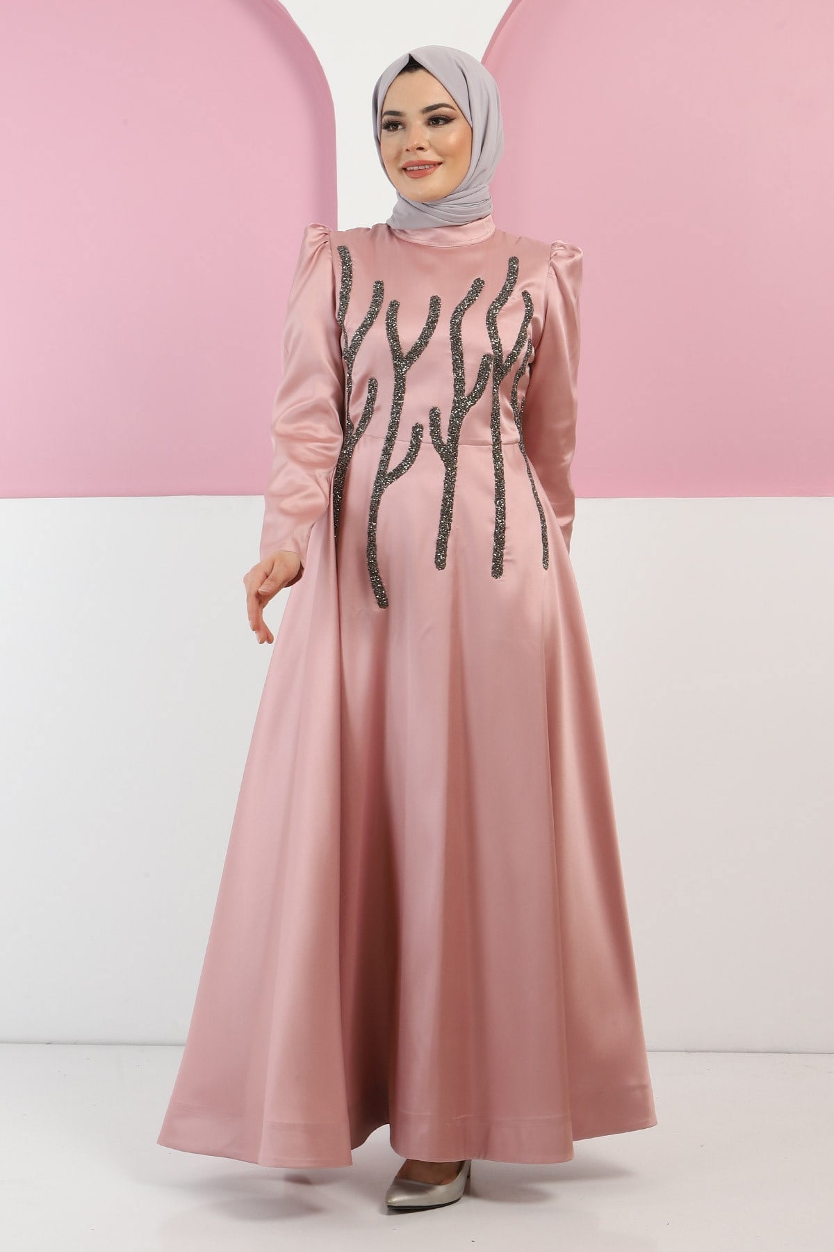 Taşlı Saten Abiye Gül Kurusu 11502