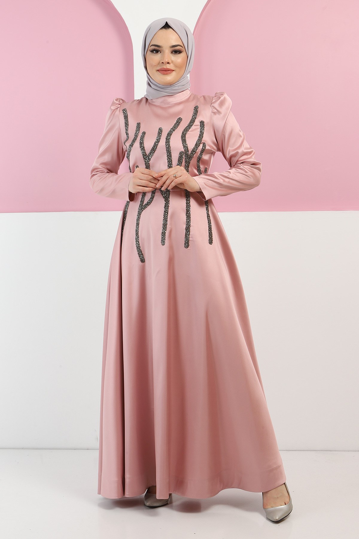Taşlı Saten Abiye Gül Kurusu 11502