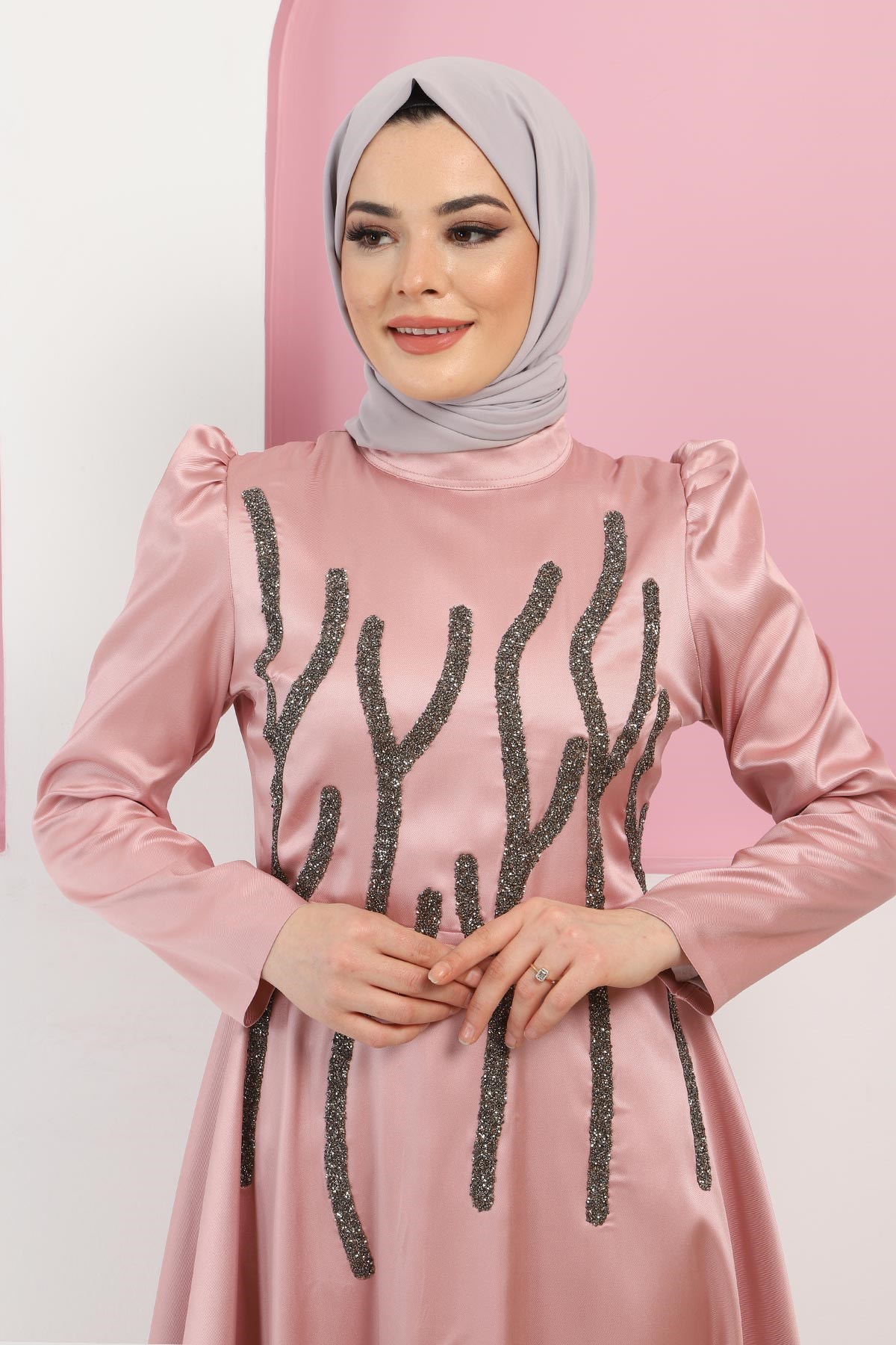 Taşlı Saten Abiye Gül Kurusu 11502