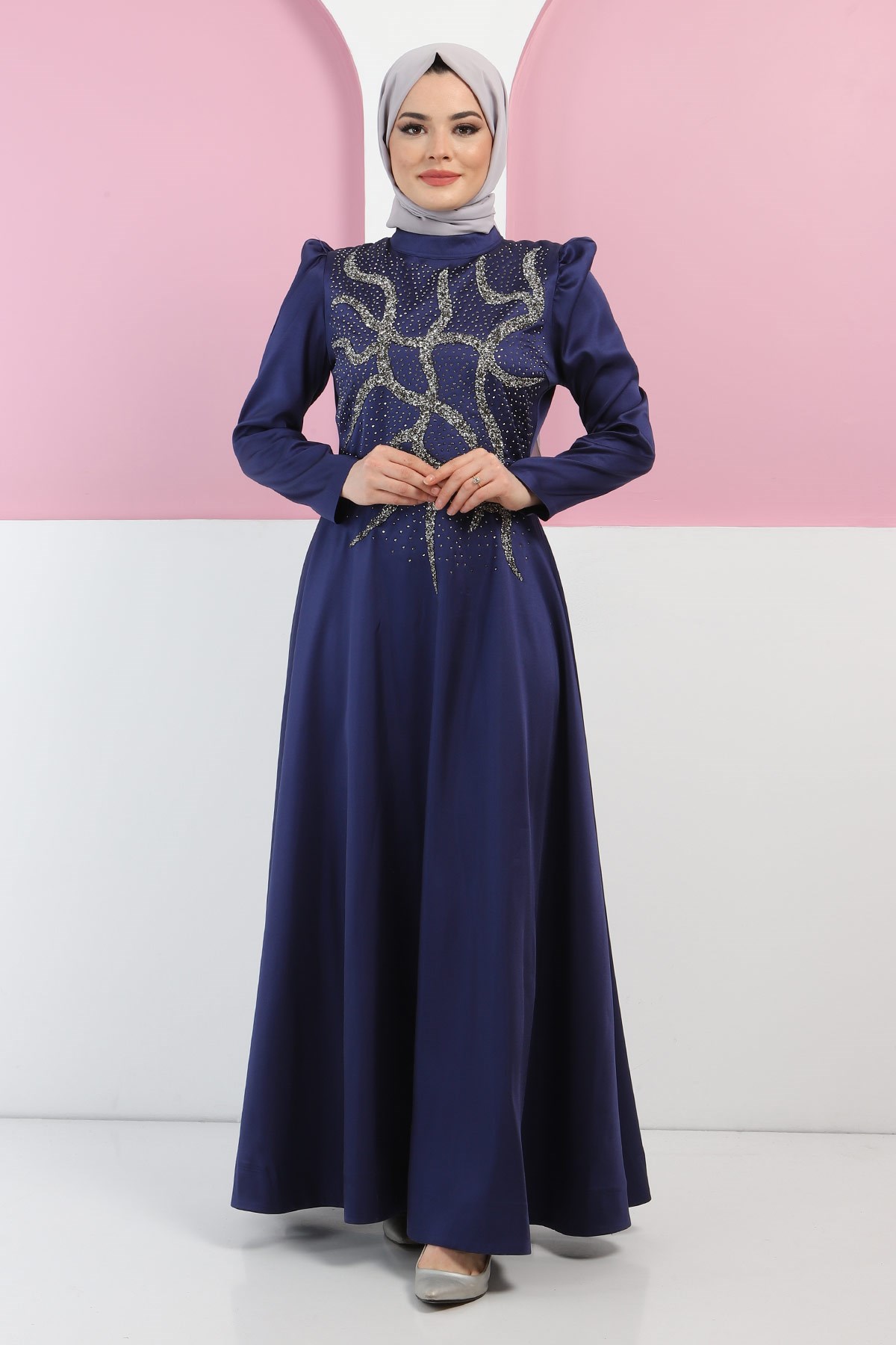 Taşlı Saten Abiye İndigo 11402