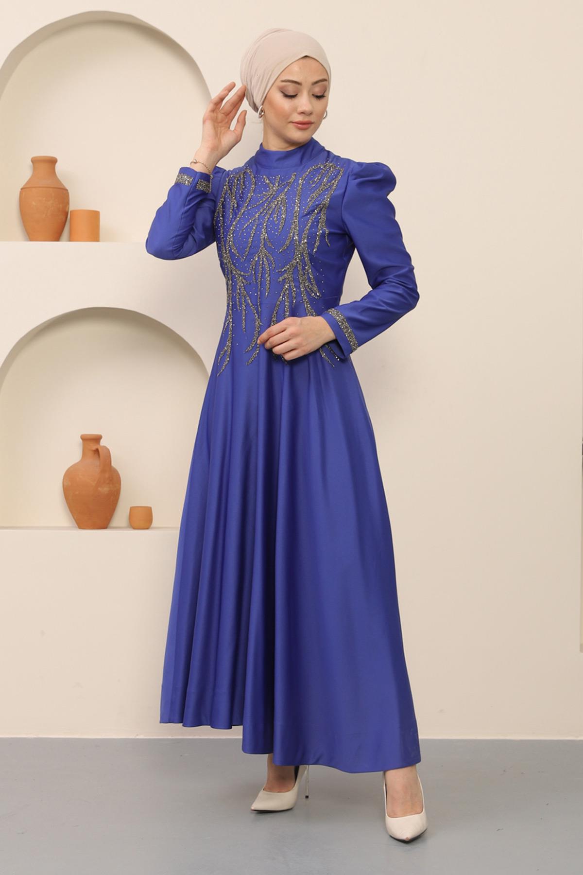 Taşlı Saten Abiye İndigo 12247
