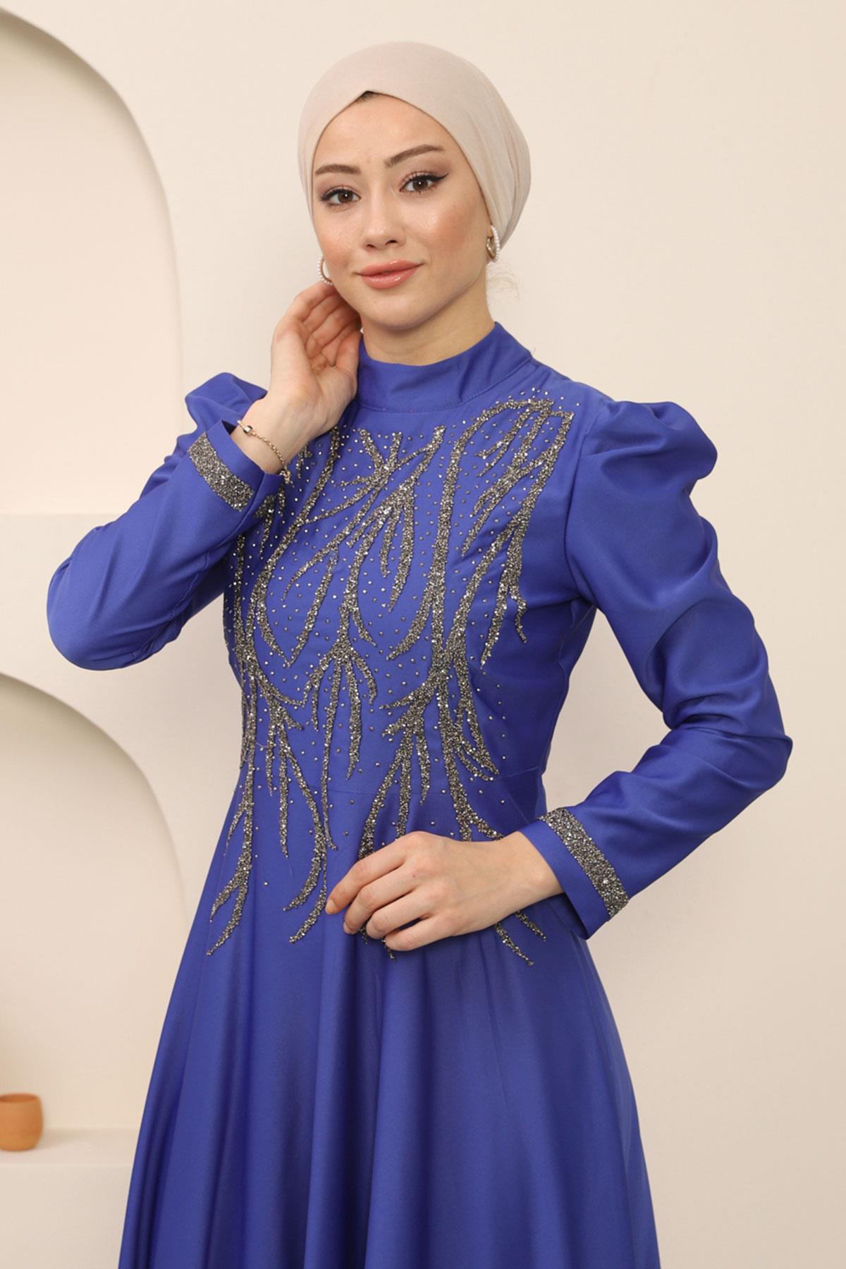 Taşlı Saten Abiye İndigo 12247
