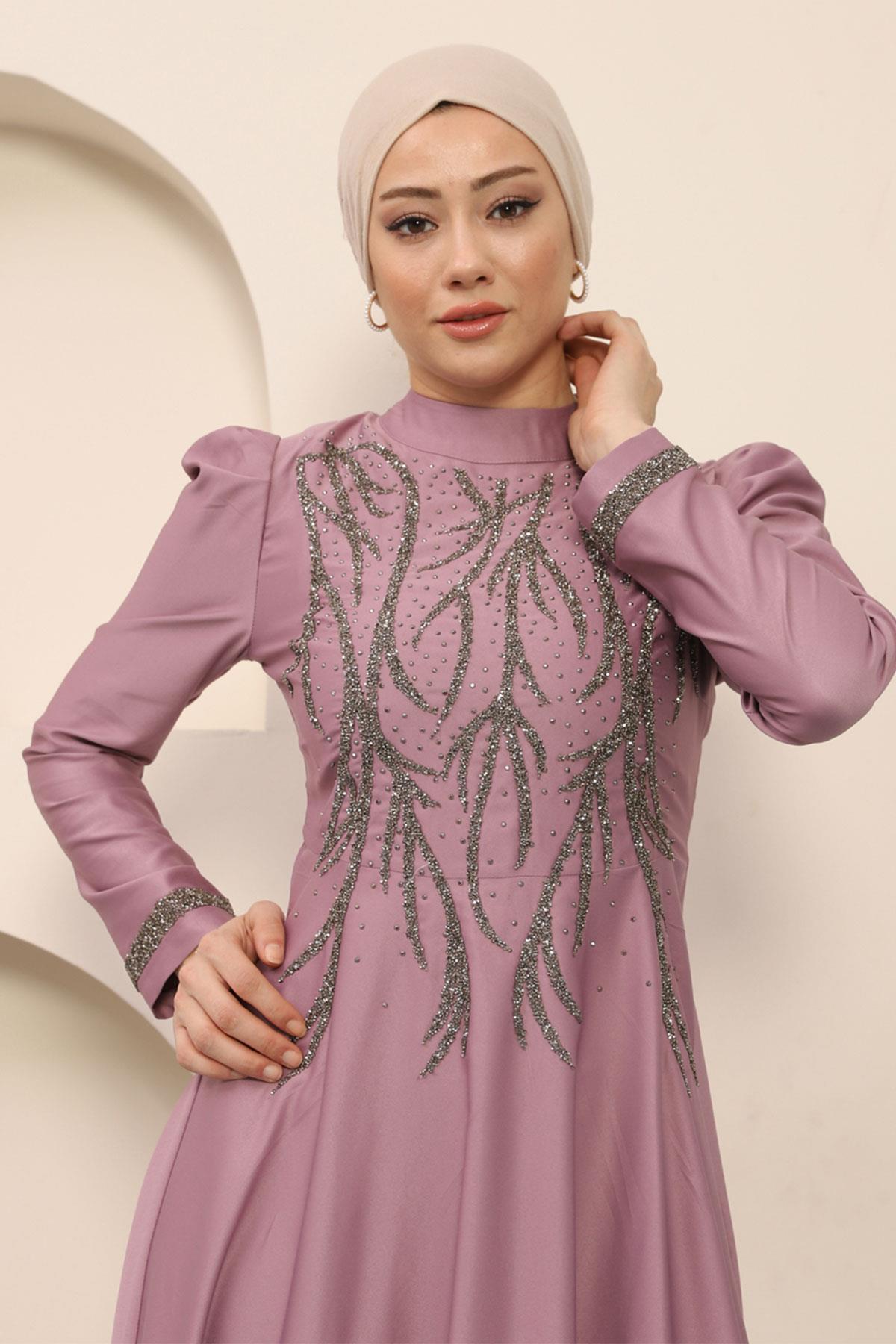 Taşlı Saten Abiye Lila 12247