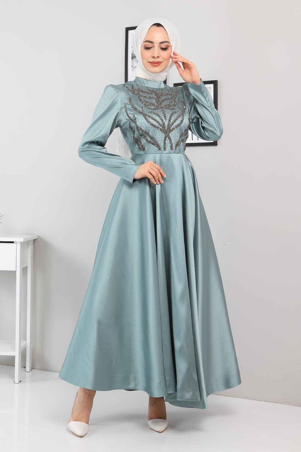 Taşlı Saten Abiye Mint 11400