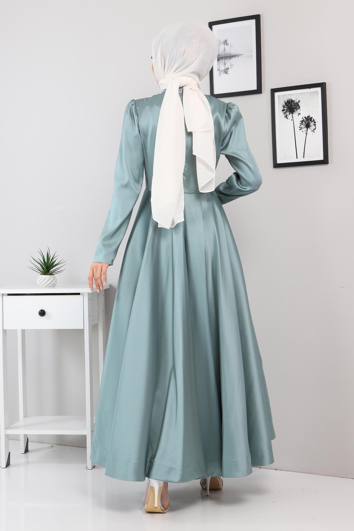 Taşlı Saten Abiye Mint 11400