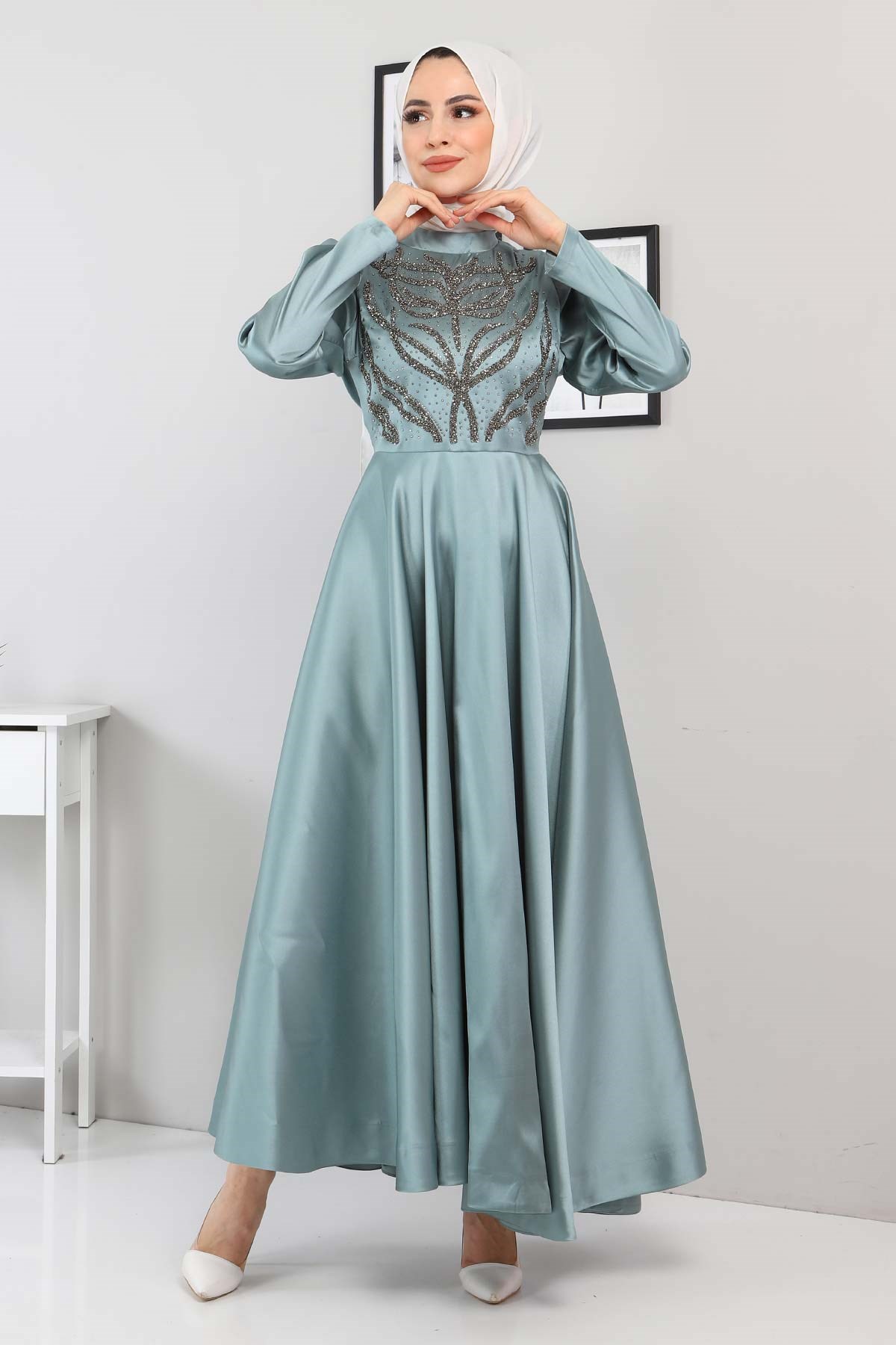 Taşlı Saten Abiye Mint 11400