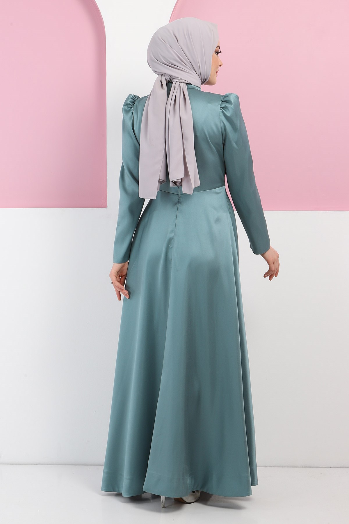 Taşlı Saten Abiye Mint 11402