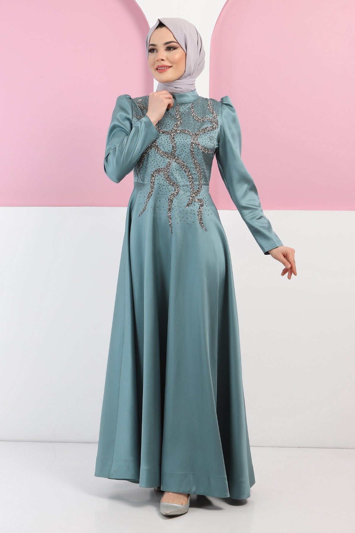 Taşlı Saten Abiye Mint 11402
