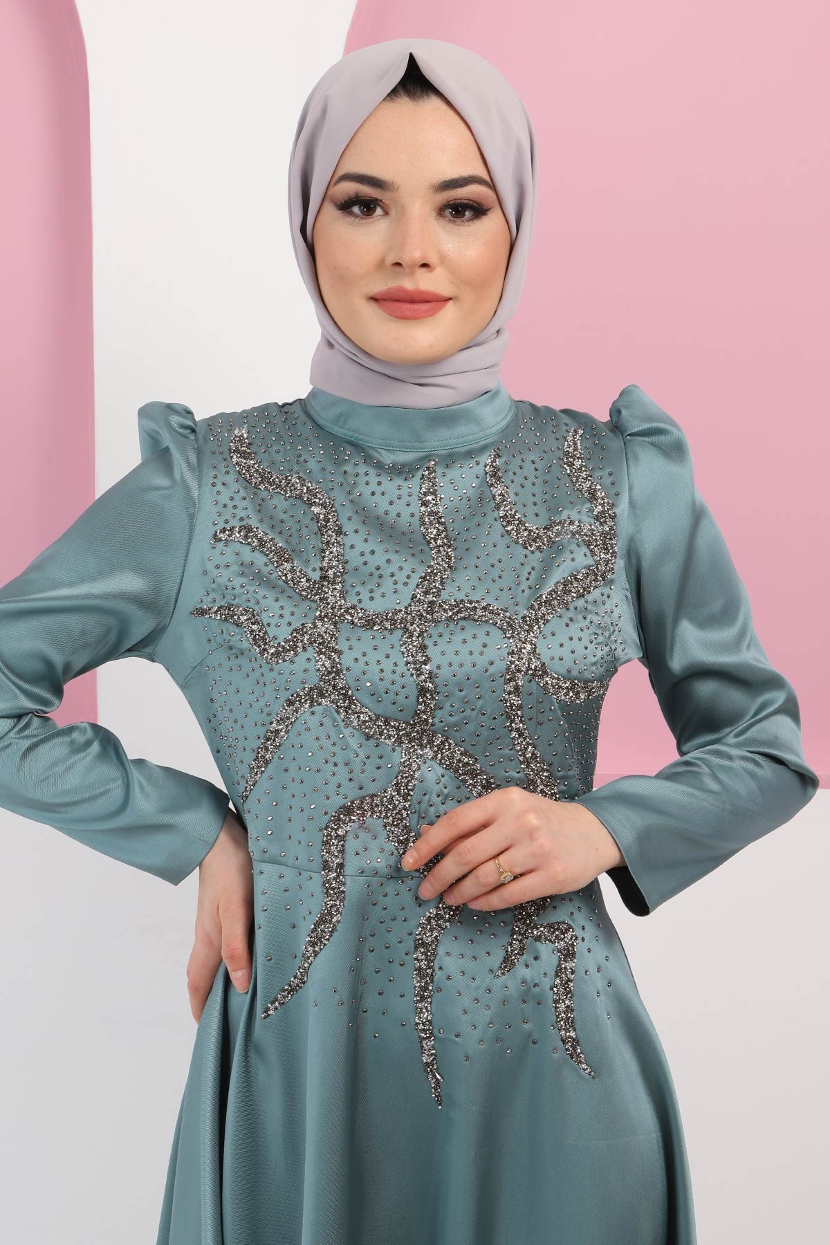 Taşlı Saten Abiye Mint 11402