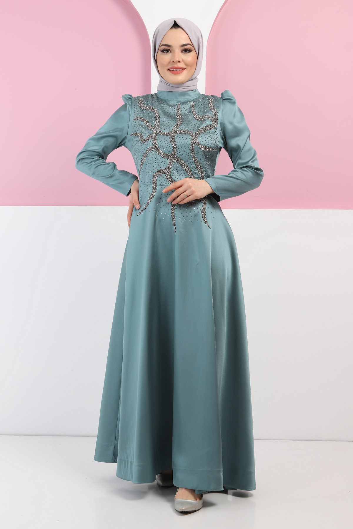 Taşlı Saten Abiye Mint 11402