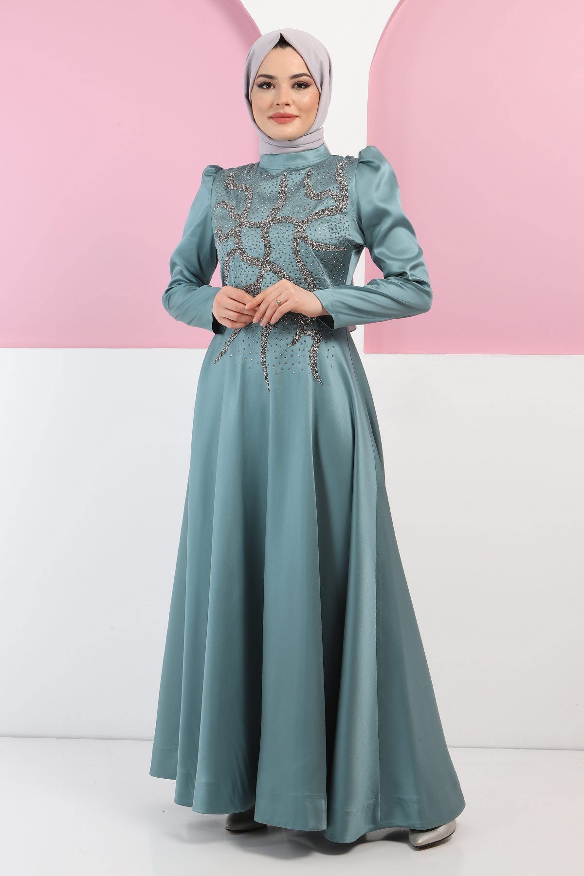 Taşlı Saten Abiye Mint 11402