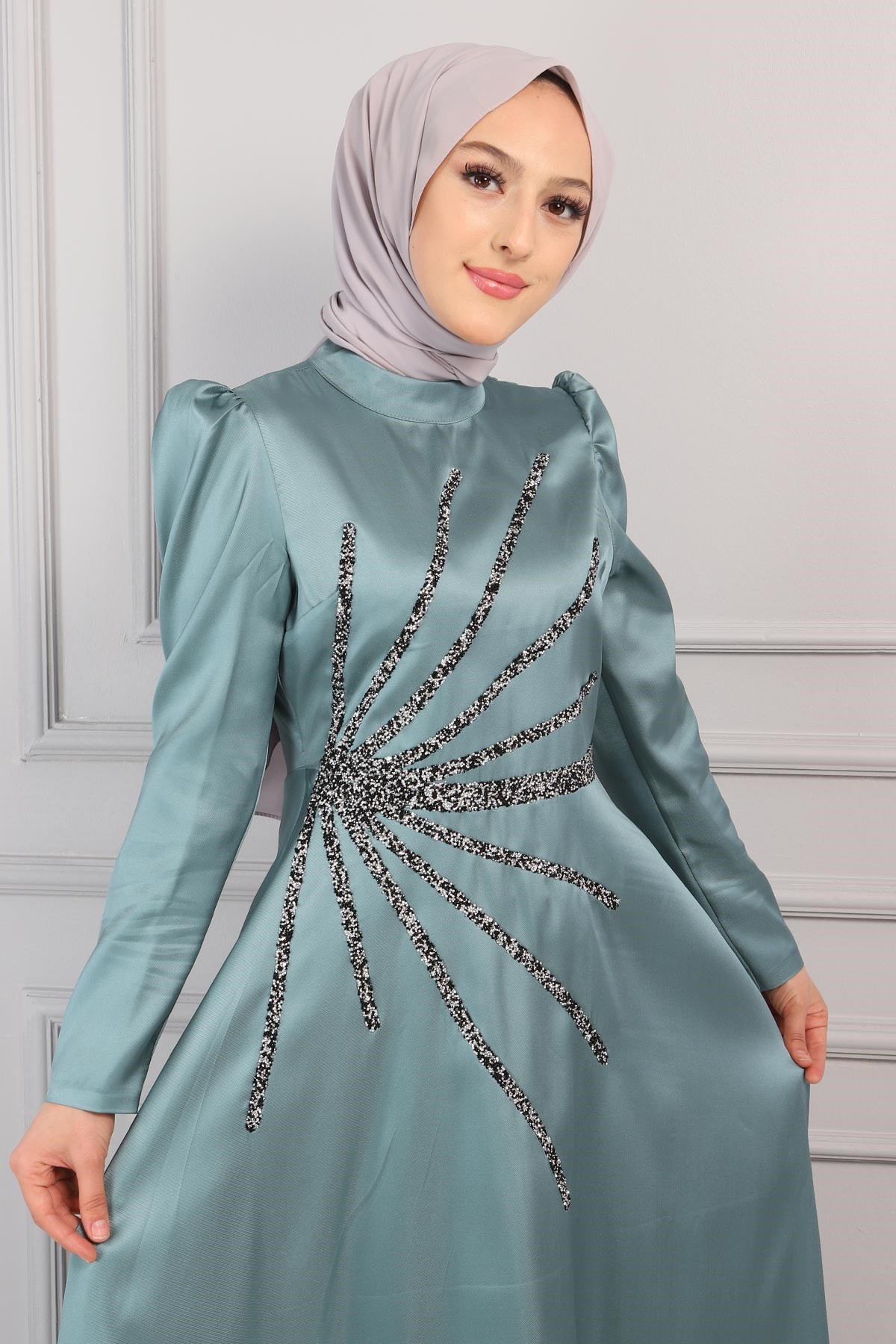 Taşlı Saten Abiye Mint 11501