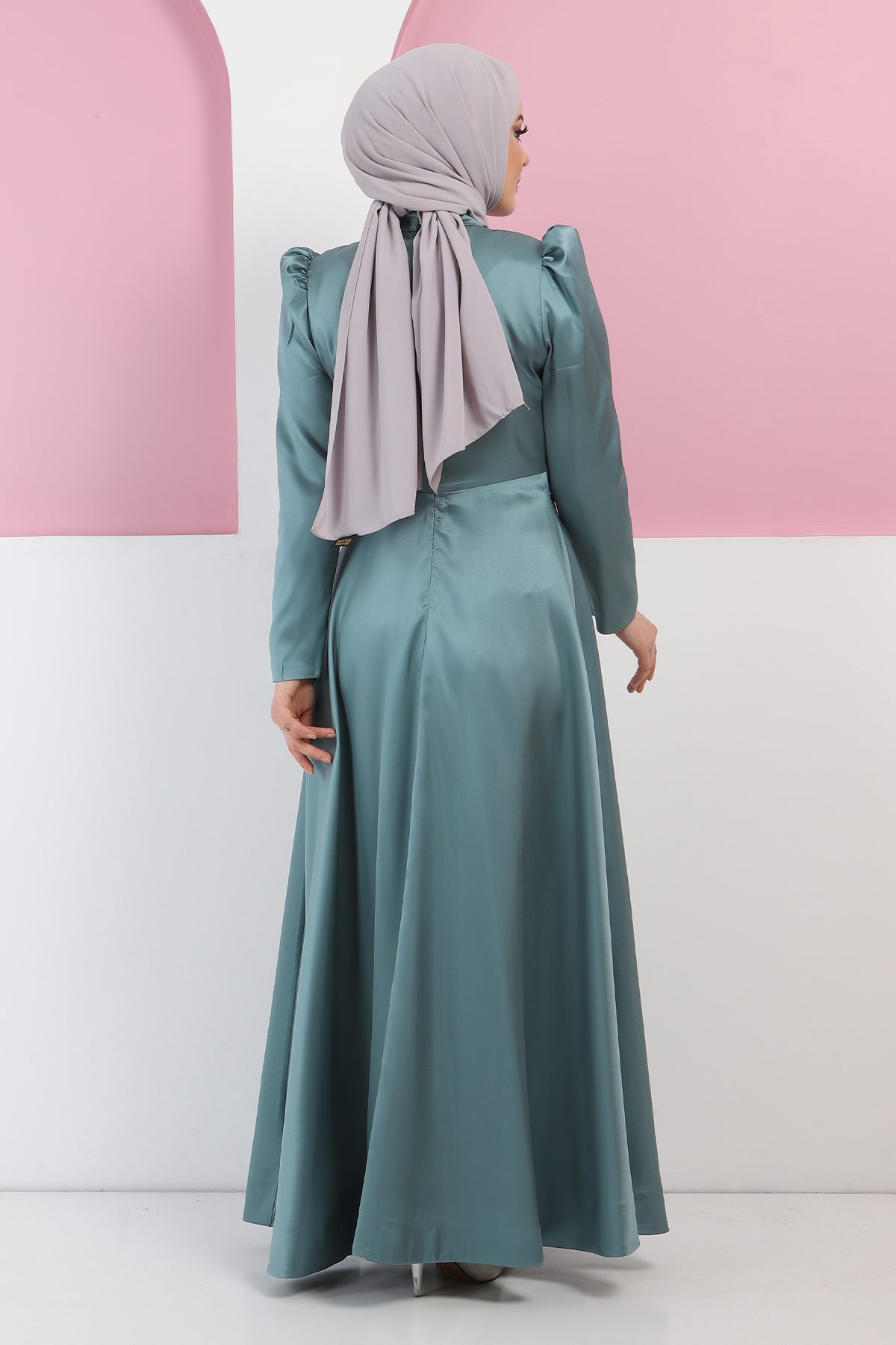 Taşlı Saten Abiye Mint 11502