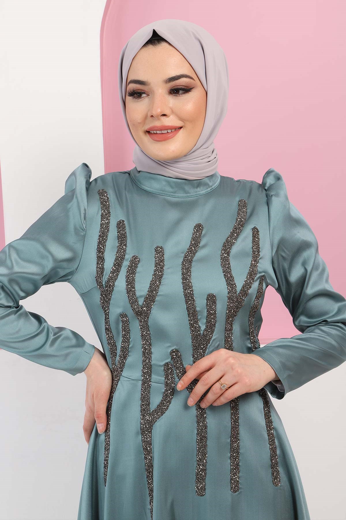 Taşlı Saten Abiye Mint 11502