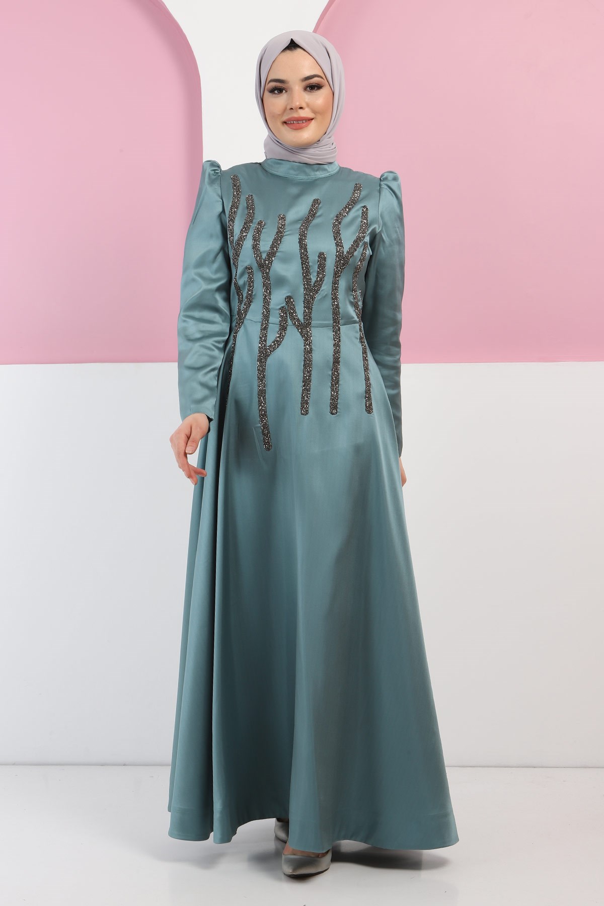 Taşlı Saten Abiye Mint 11502