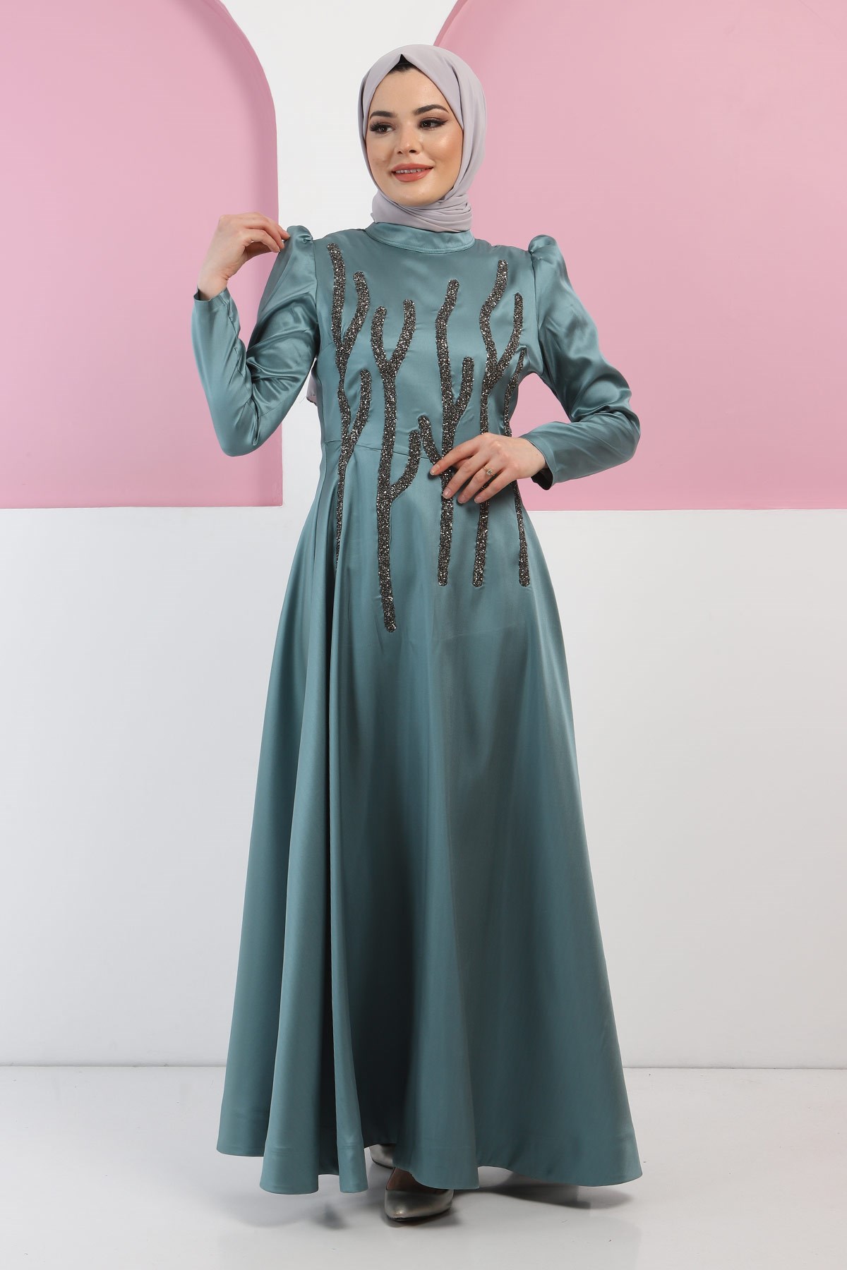 Taşlı Saten Abiye Mint 11502