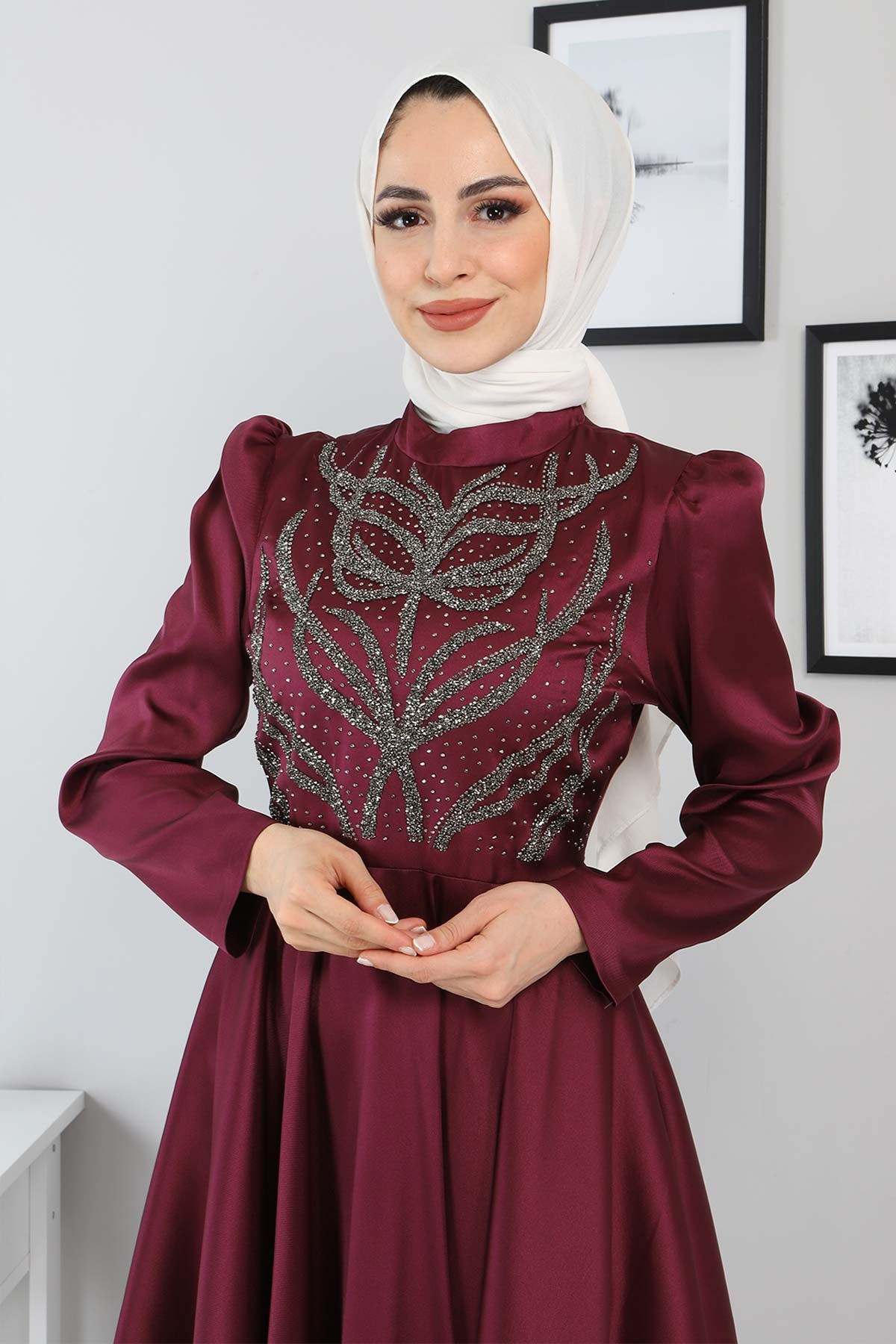 Taşlı Saten Abiye Mürdüm 11400