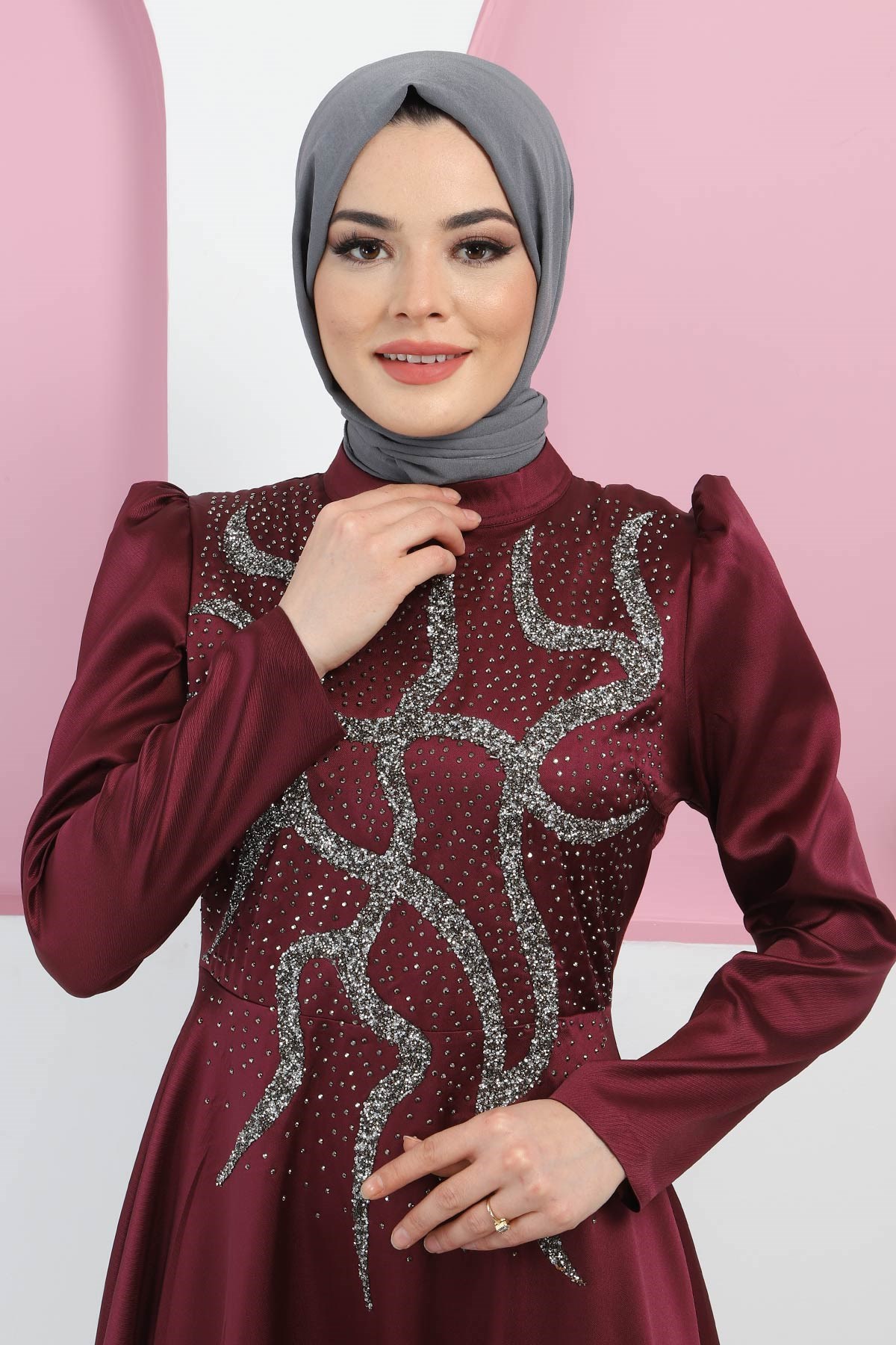 Taşlı Saten Abiye Mürdüm 11402