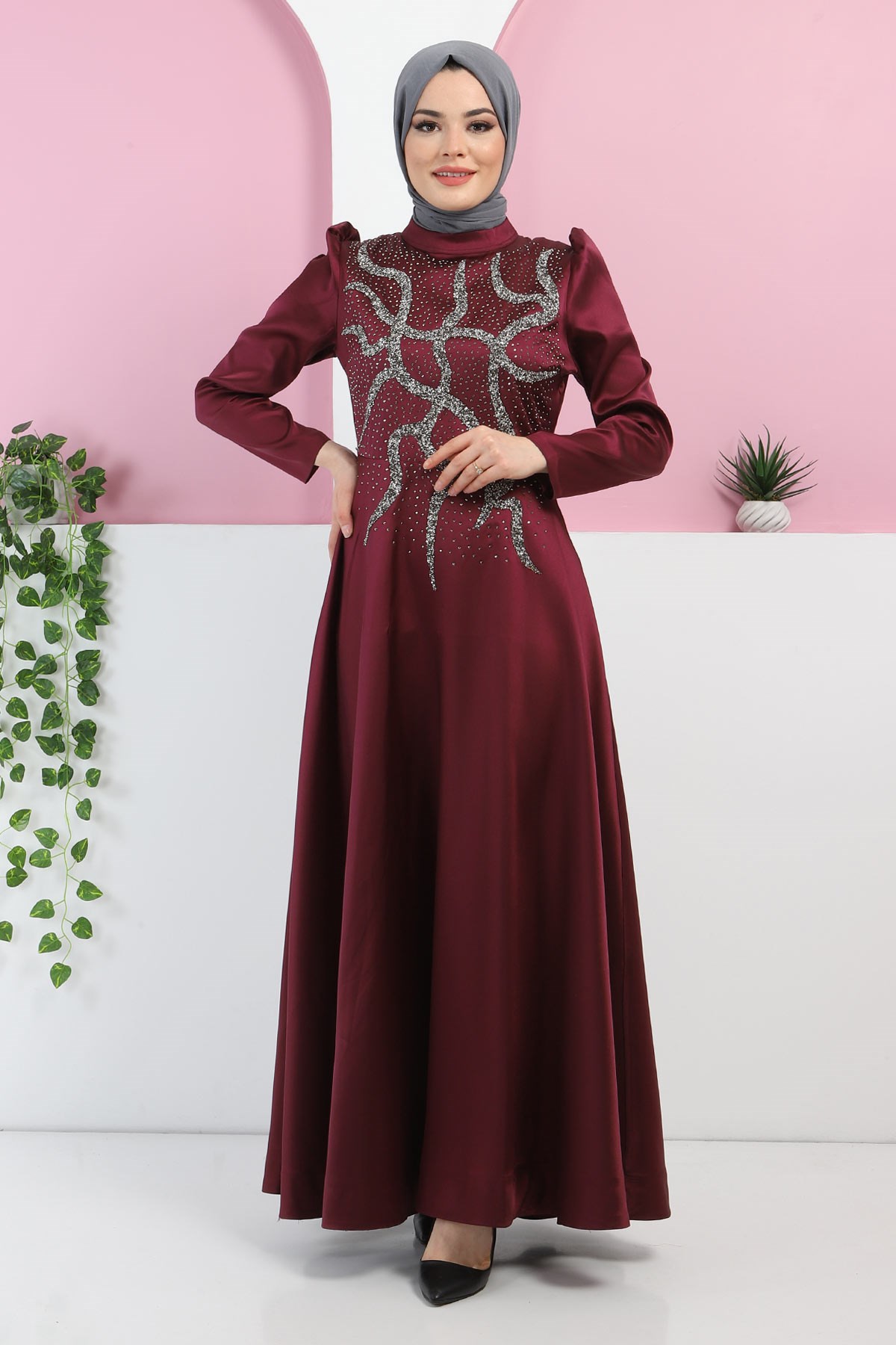 Taşlı Saten Abiye Mürdüm 11402