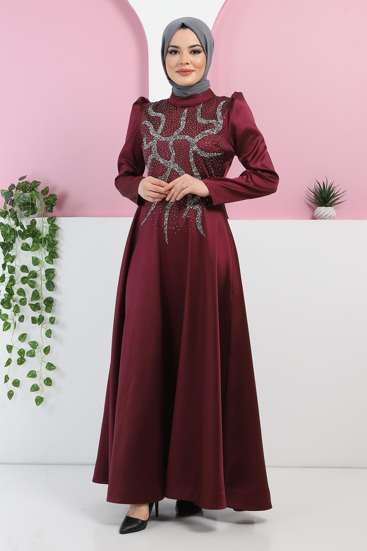 Taşlı Saten Abiye Mürdüm 11402