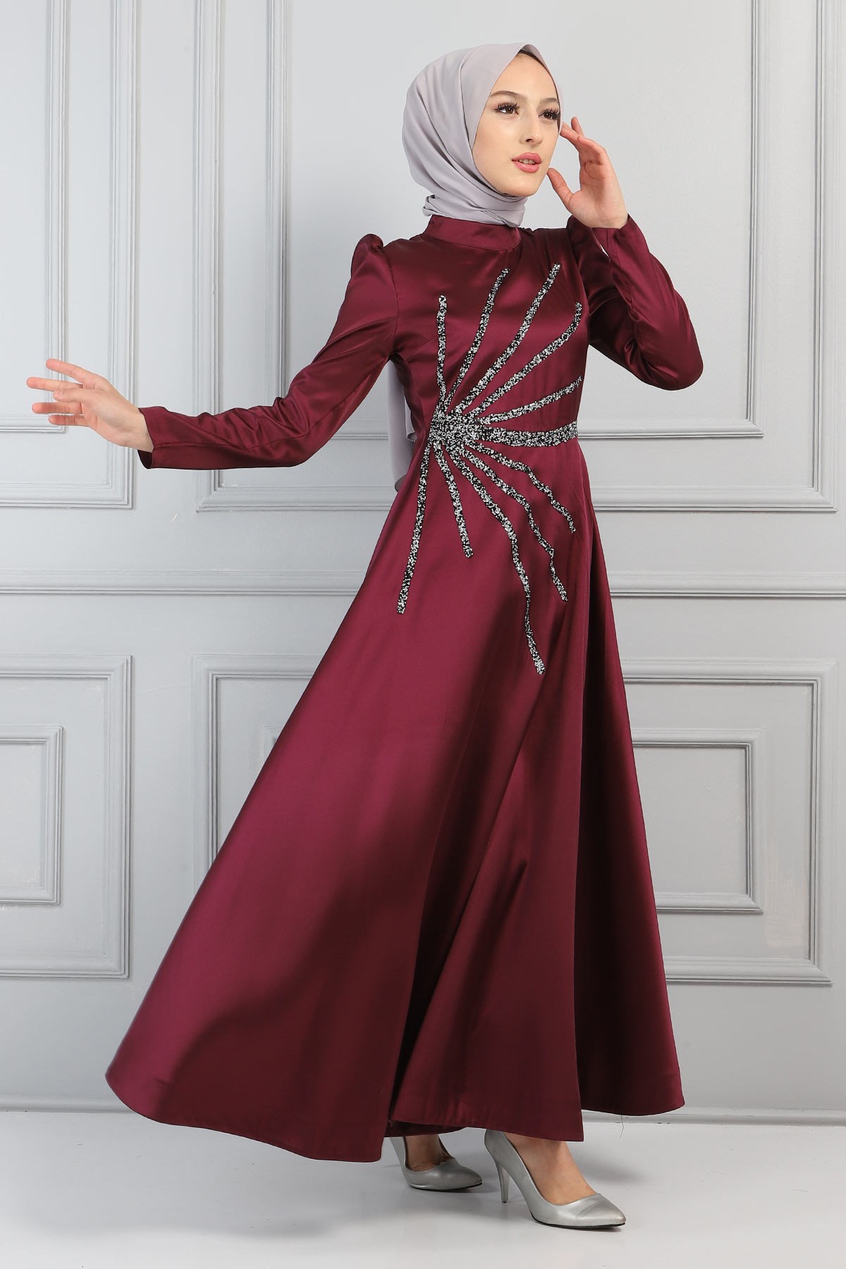 Taşlı Saten Abiye Mürdüm 11501