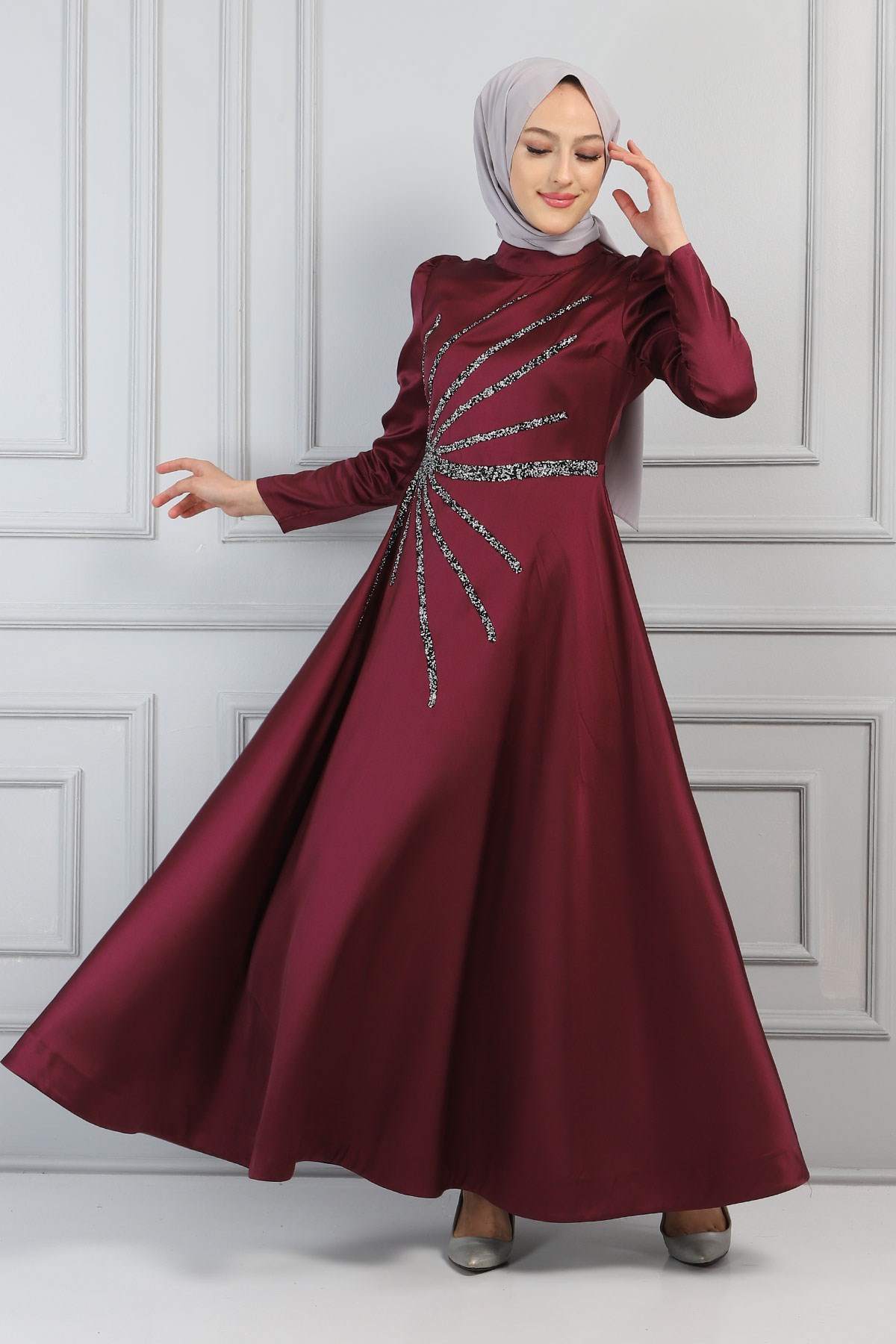 Taşlı Saten Abiye Mürdüm 11501