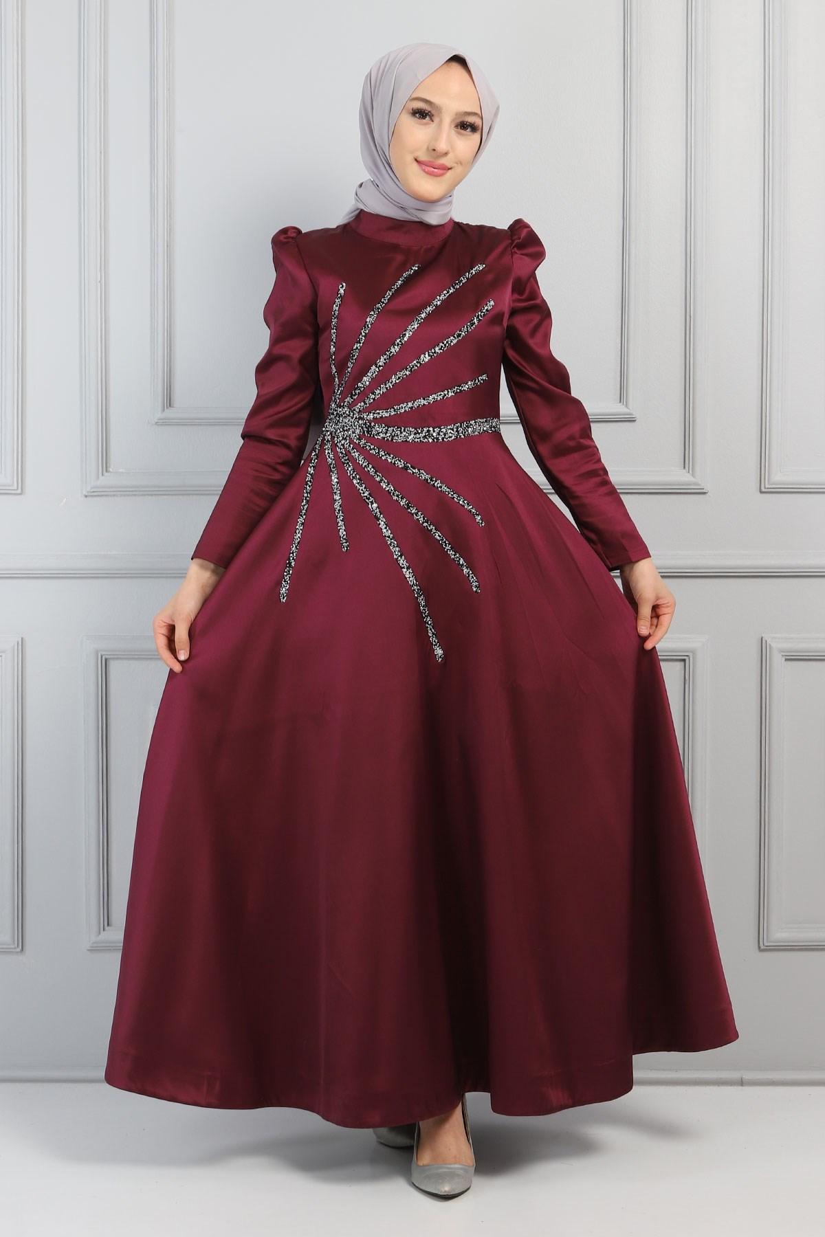 Taşlı Saten Abiye Mürdüm 11501