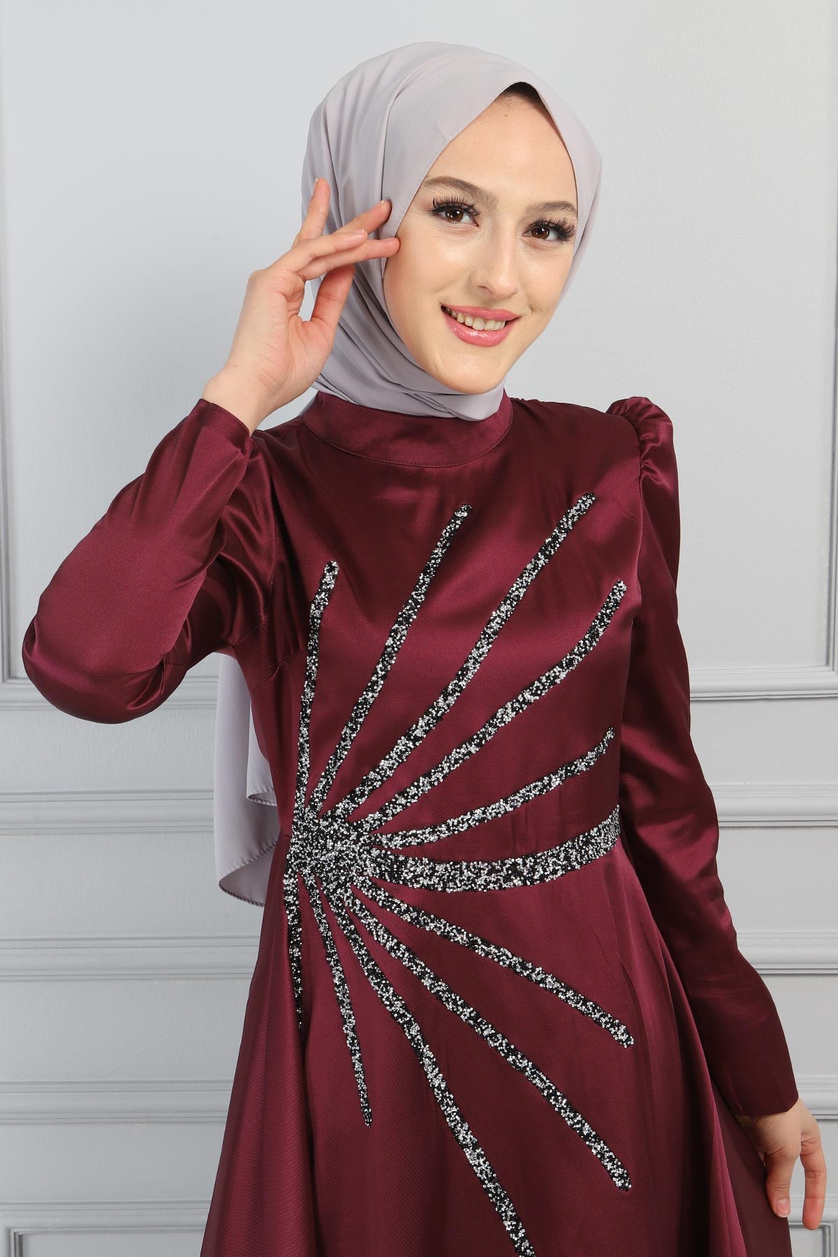 Taşlı Saten Abiye Mürdüm 11501
