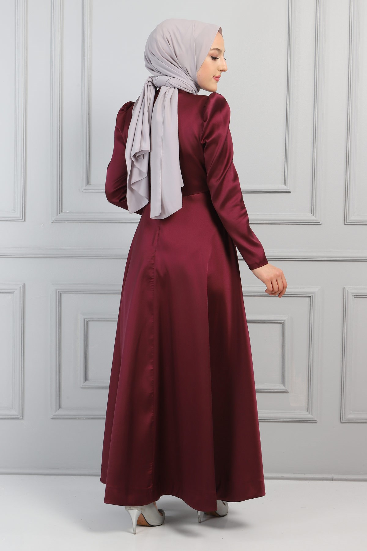 Taşlı Saten Abiye Mürdüm 11501