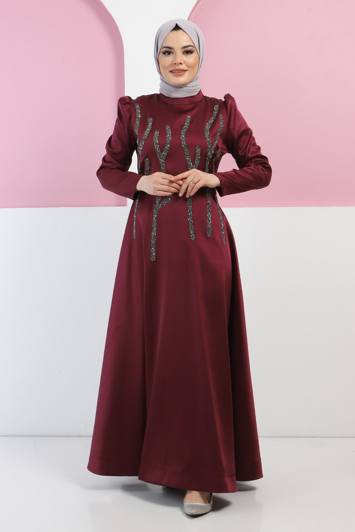 Taşlı Saten Abiye Mürdüm 11502